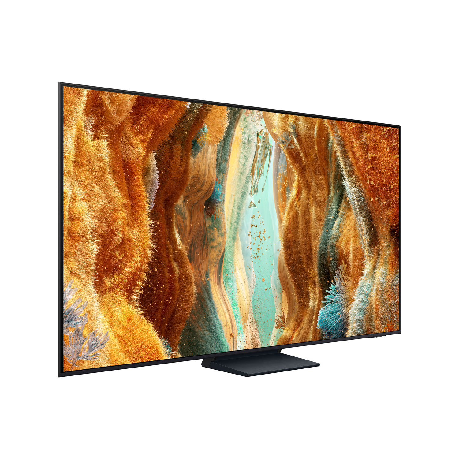 Grote tv met breed scherm waarop een abstract, kleurrijk kunstbeeld te zien is.