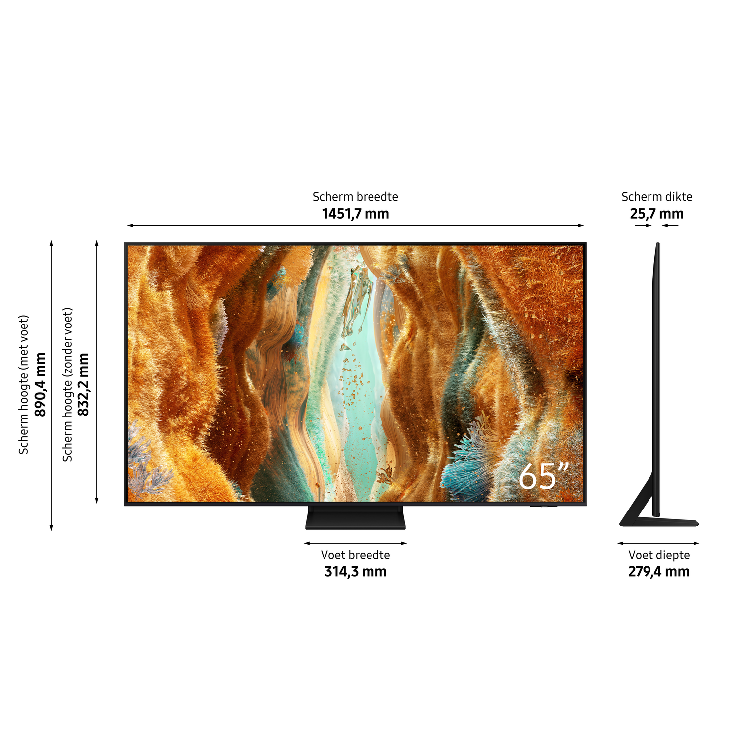 Een grote tv met afmetingen weergegeven. Zwart frame en standaard. Toont een kleurrijke, abstracte afbeelding.