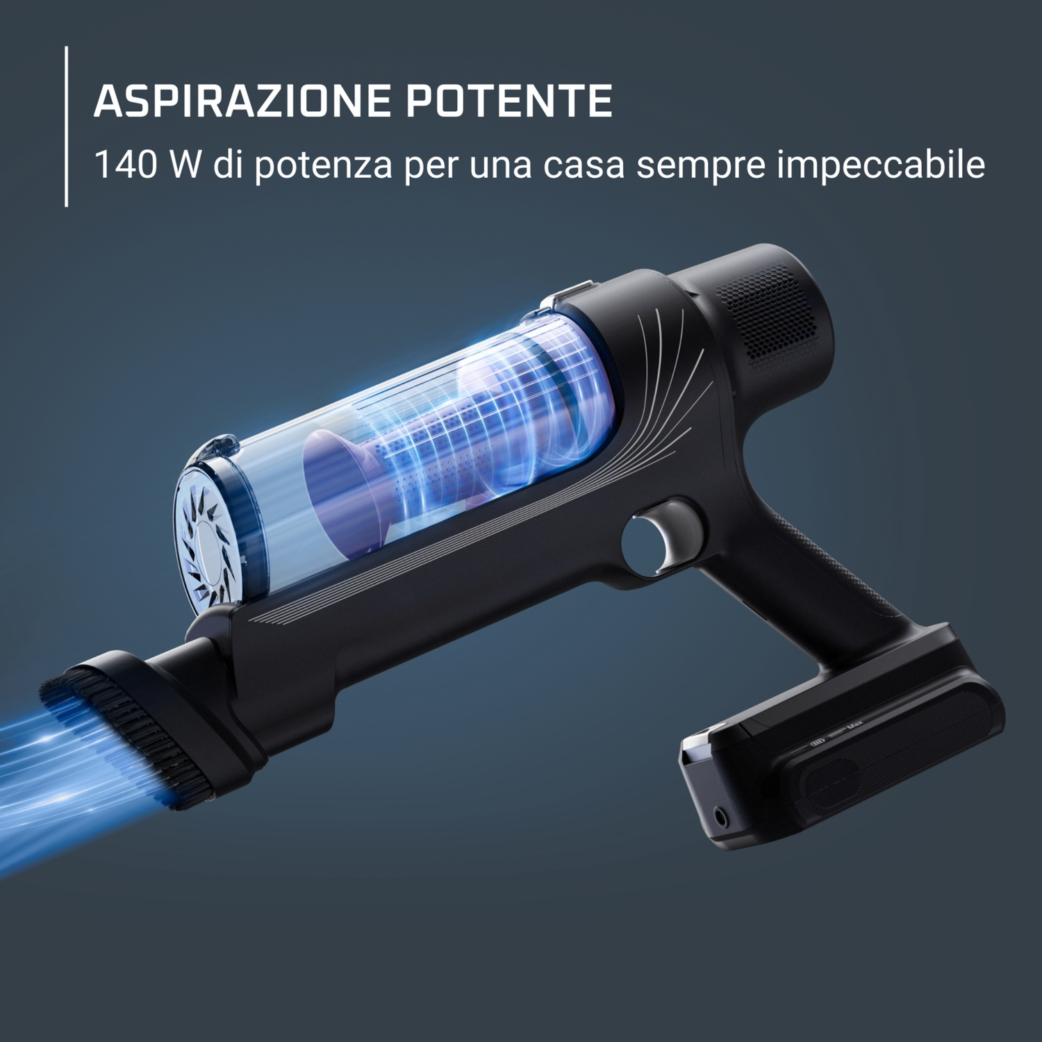 Un aspirapolvere nero con luce blu che mostra la potenza di aspirazione.