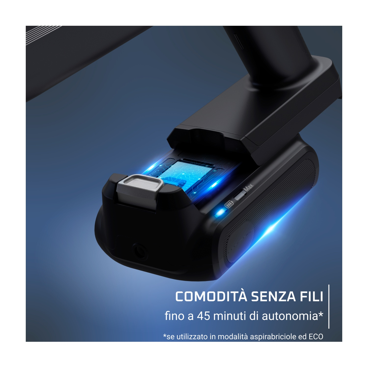 TV nero con supporto su sfondo bianco, vista laterale.