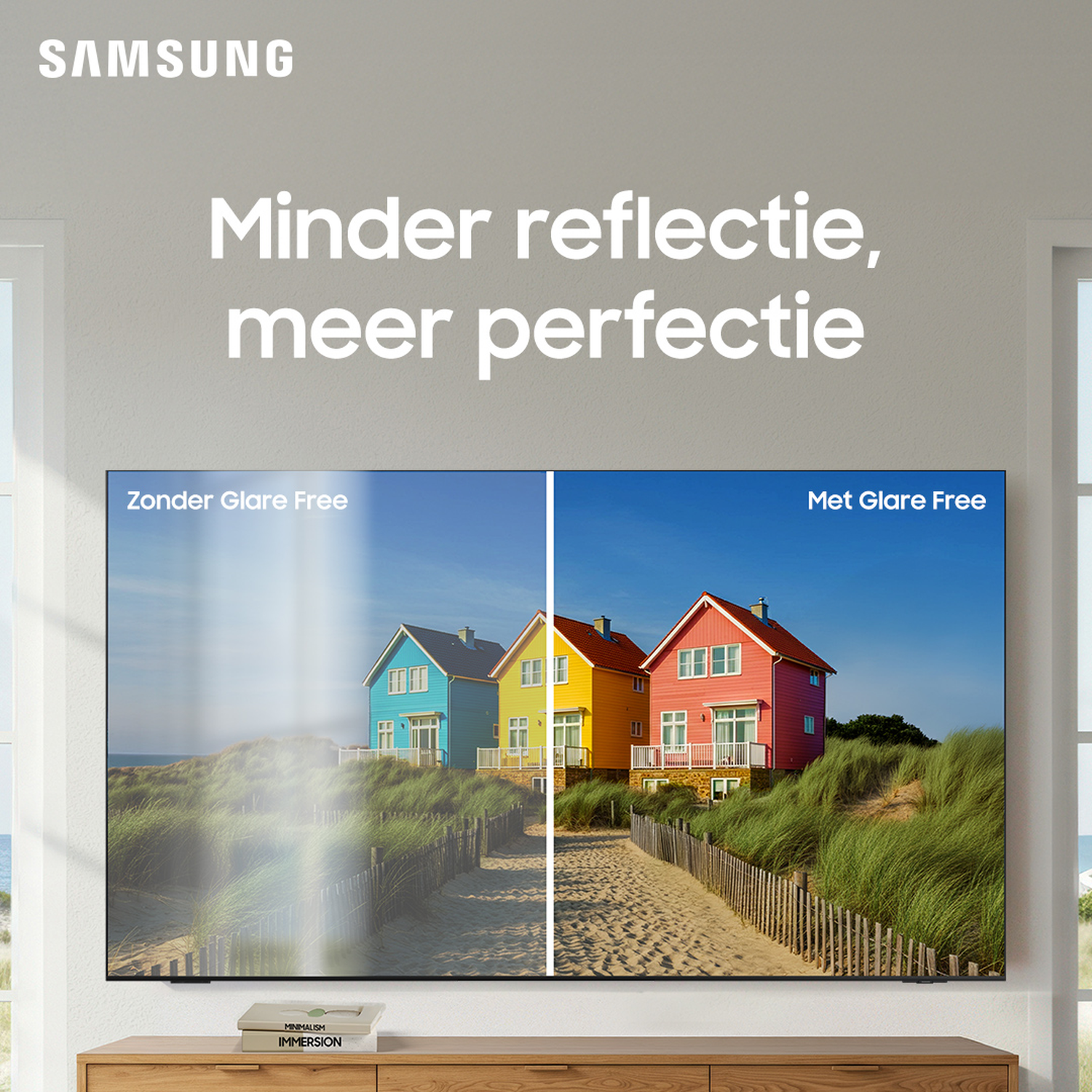 Samsung TV shows a split screen: one side with glare, the other without. Houses are on a beach, with blue sky.
