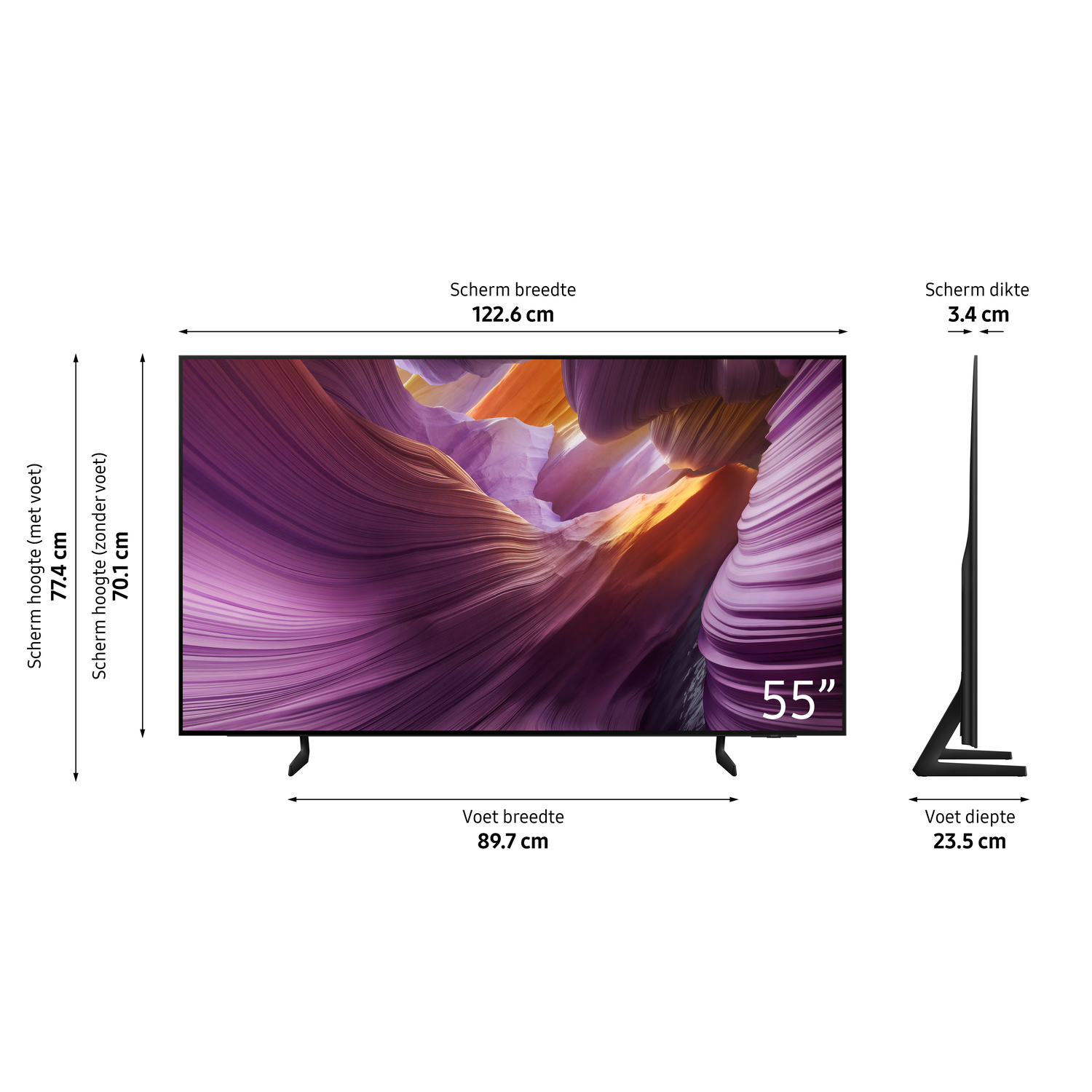 55 inch tv, afmetingen weergegeven, voor- en zijaanzicht, met labels.