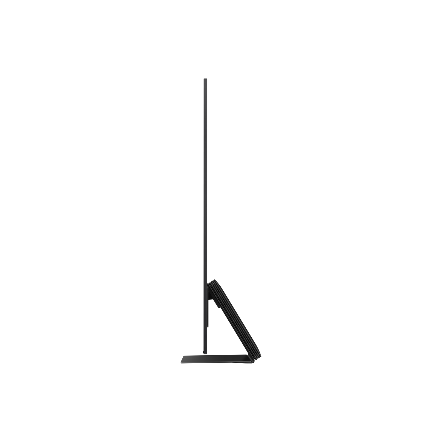Zijaanzicht van een zwarte tv op een standaard. De tv is erg dun met een minimalistisch design.