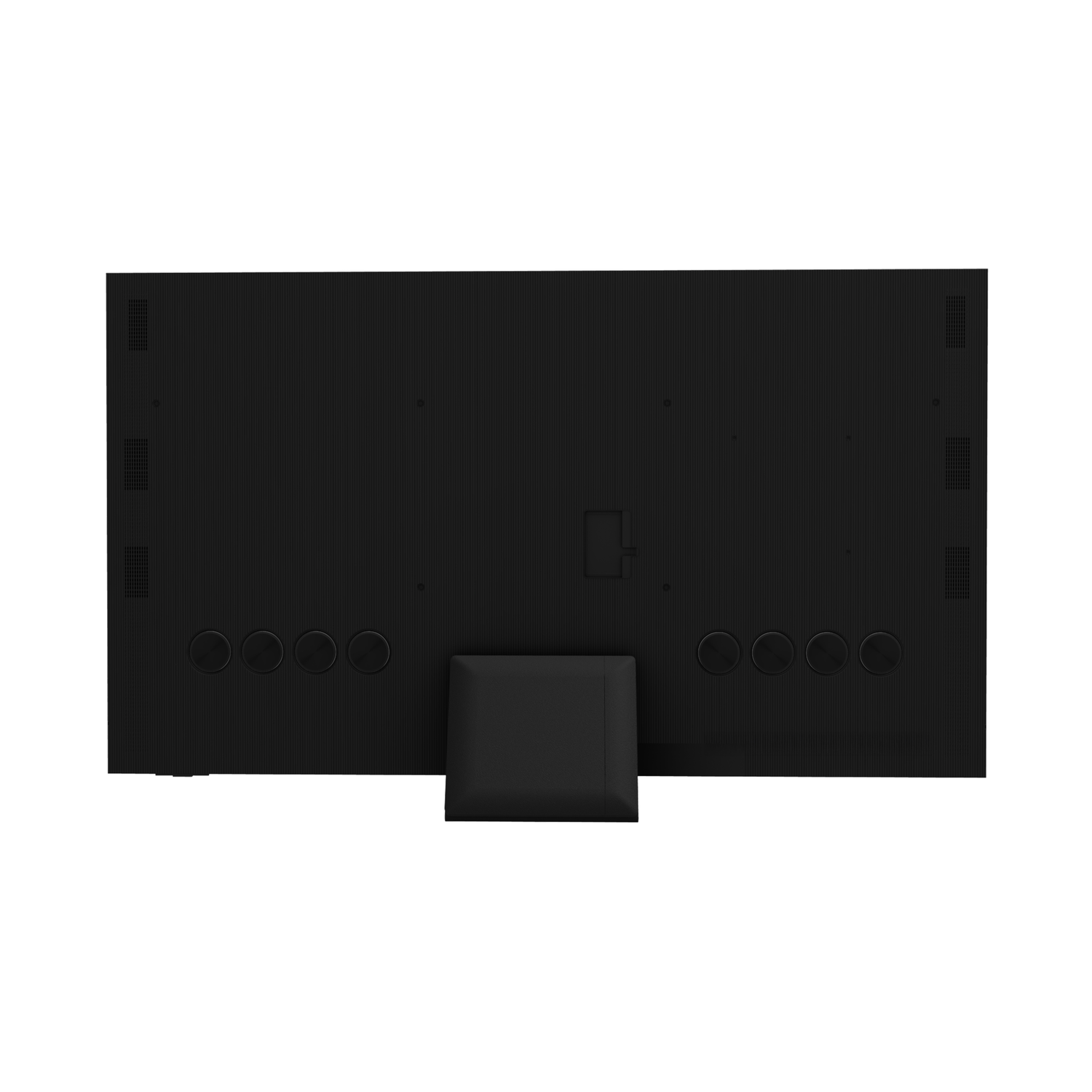 Black TV back, with a central stand and four circular cutouts.
