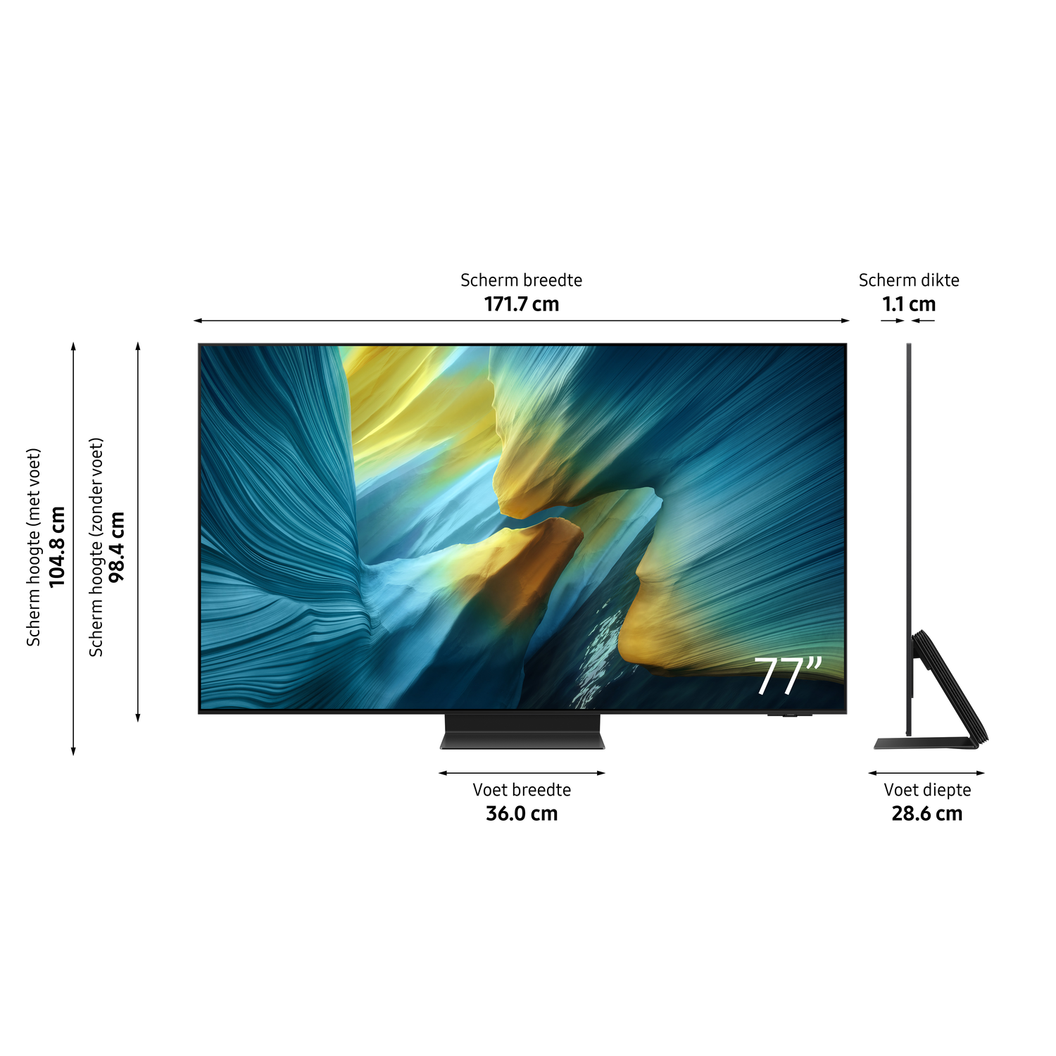 A 77" TV with dimensions shown. The screen displays a colorful image.