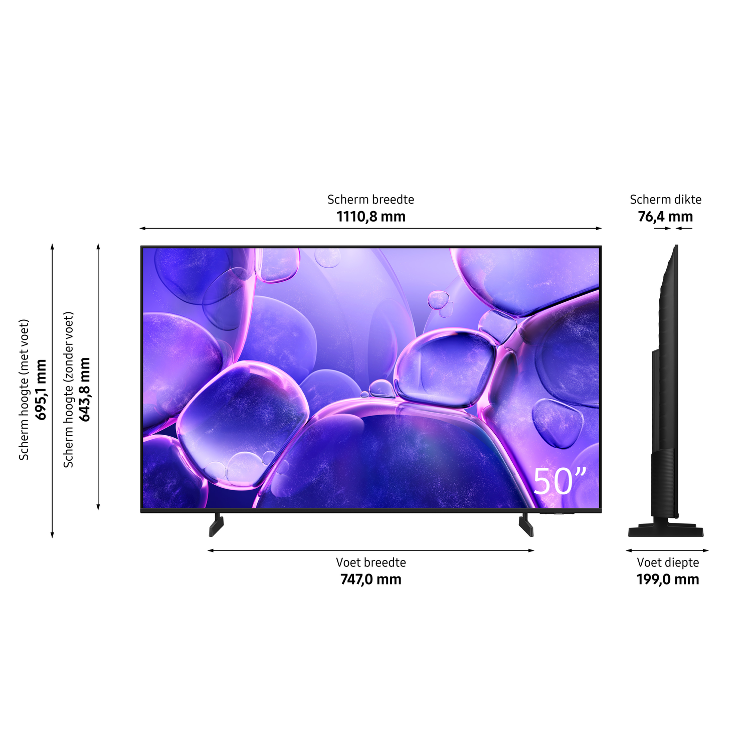 Een flatscreen tv schuin, toont een kleurrijke abstracte afbeelding. De rand is zwart.