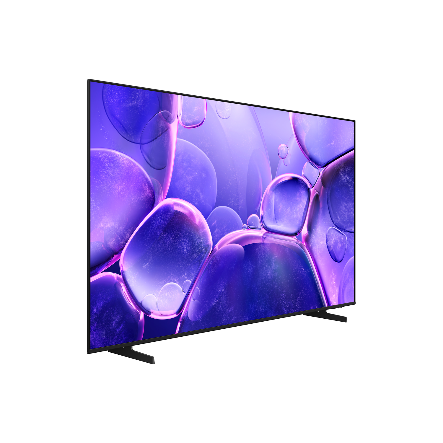 Moderne tv met een paarse bubbelscène. Zwarte standaard.