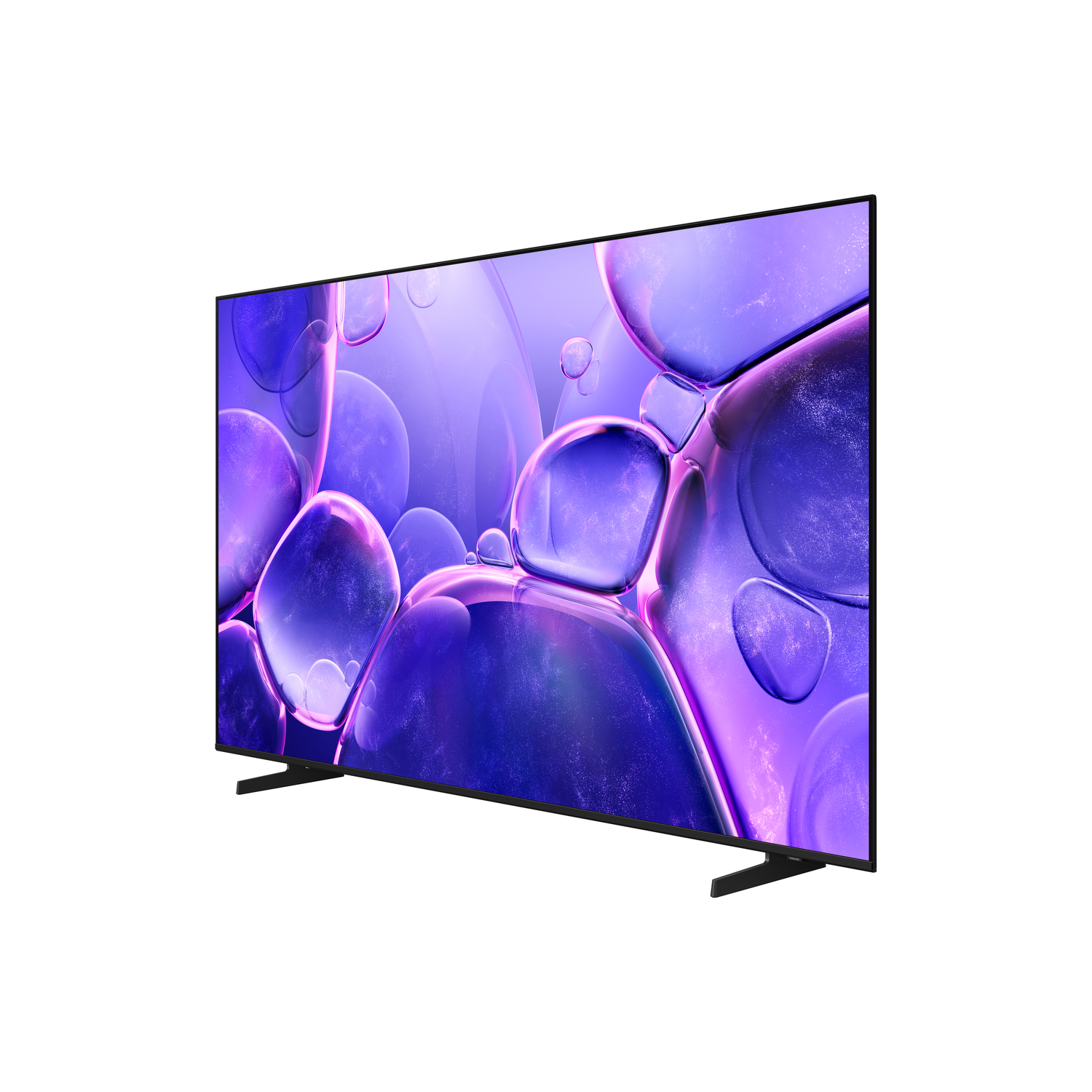 A large TV showing a purple, abstract image. The TV has a black frame and stand.
