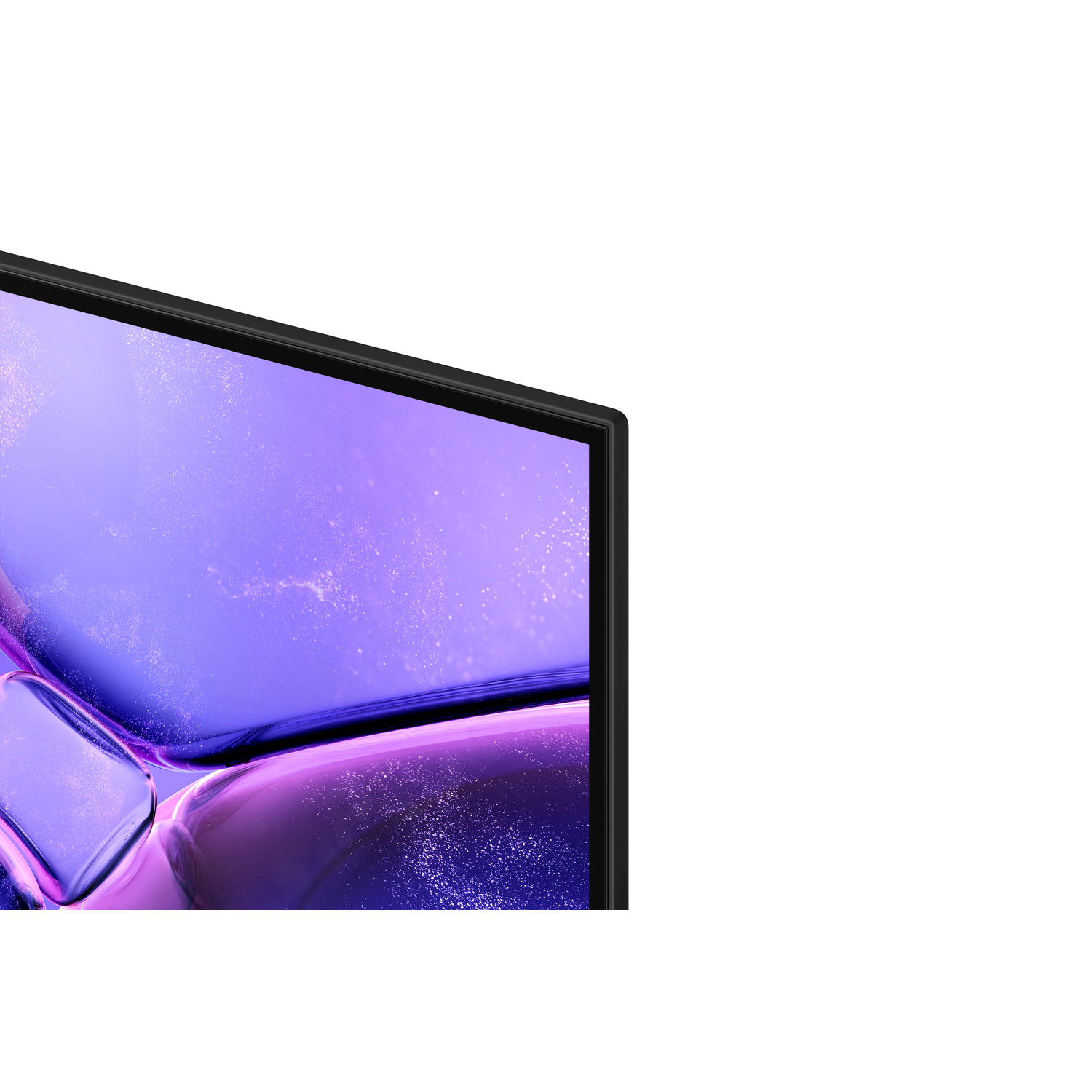 TV corner detail, black frame, purple background.