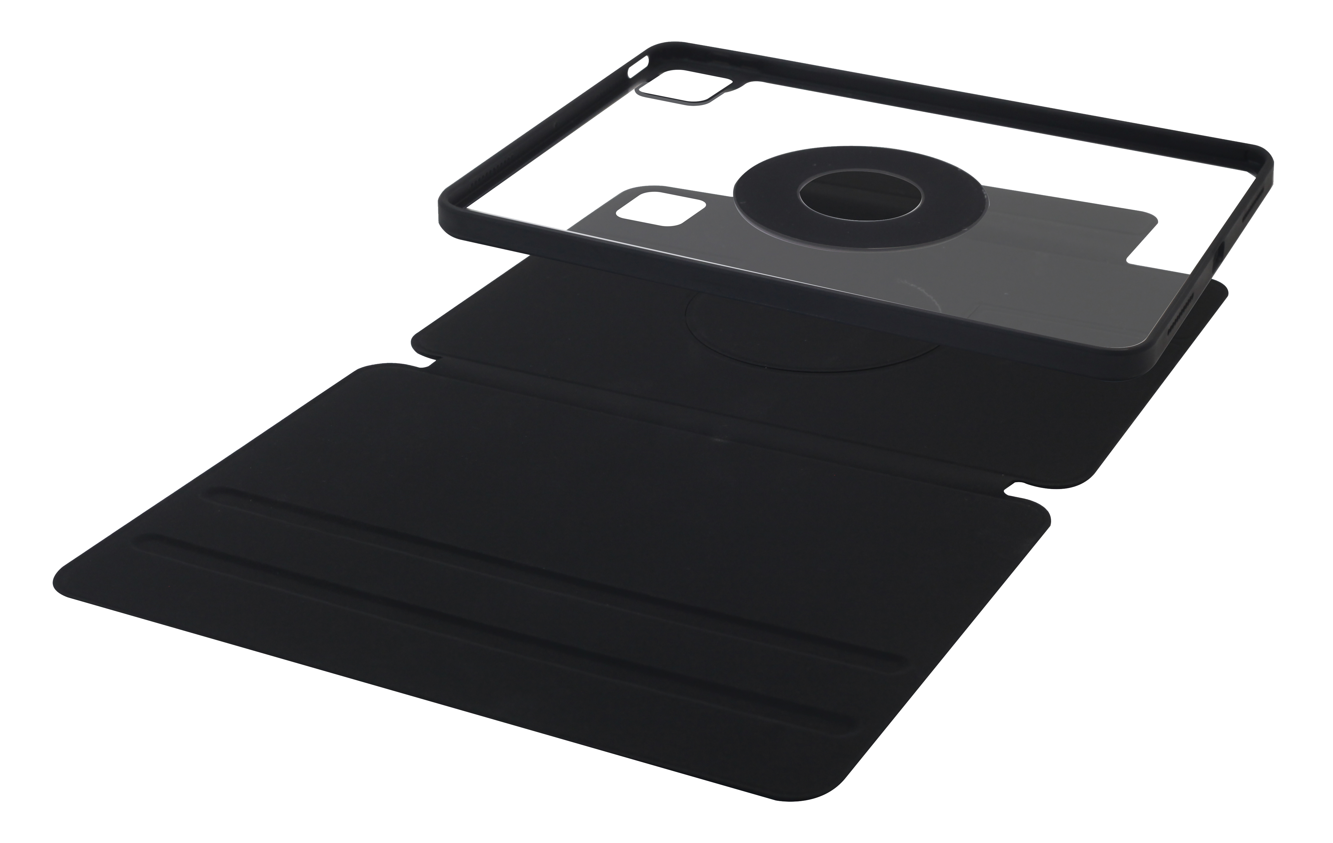 Tablethülle mit transparenter Abdeckung und schwarzem Ständer.