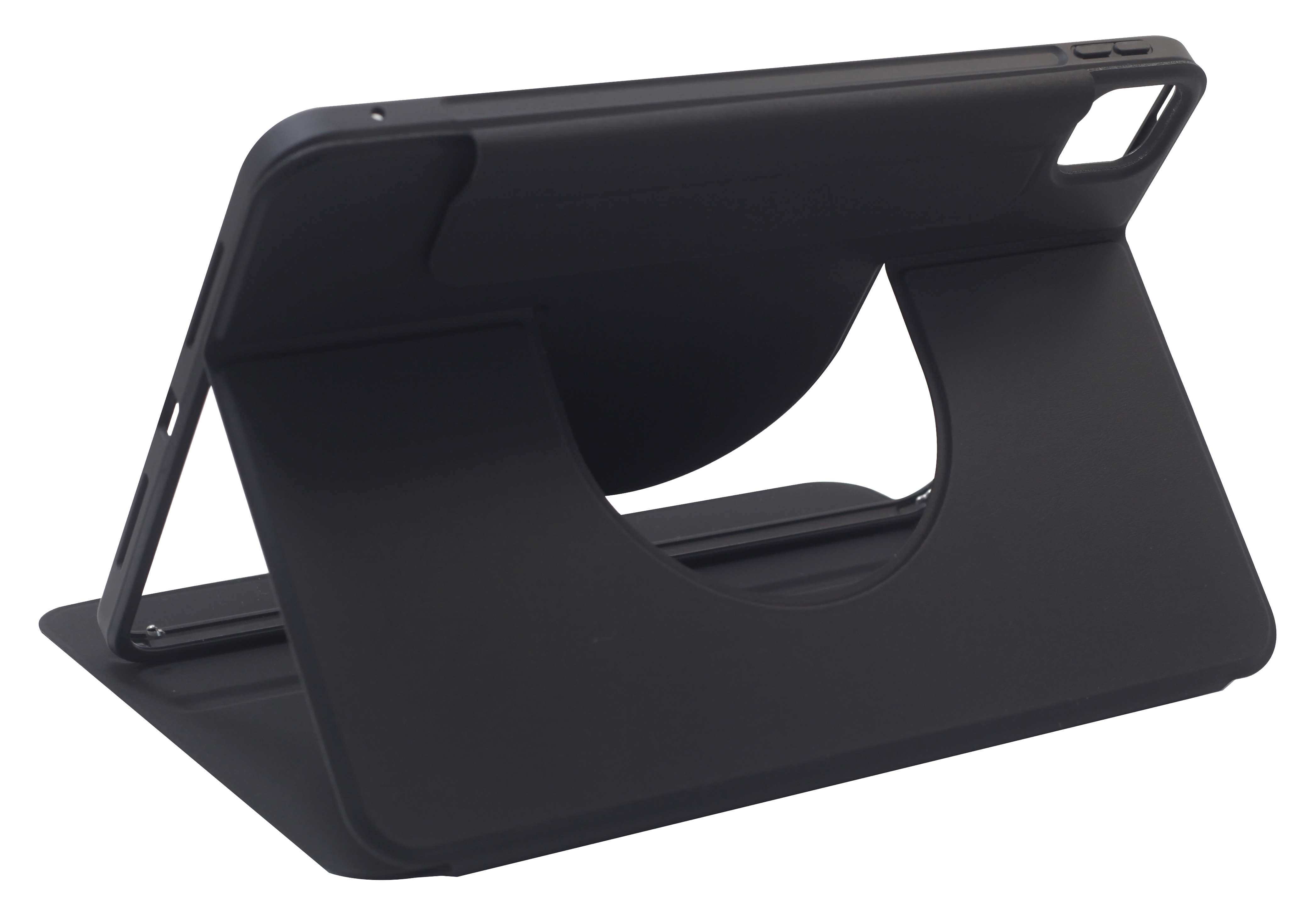Schwarze Tablet-Hülle mit Ständer, nach oben geneigt, mit kreisförmigem Ausschnitt. Schwarzer Hintergrund.