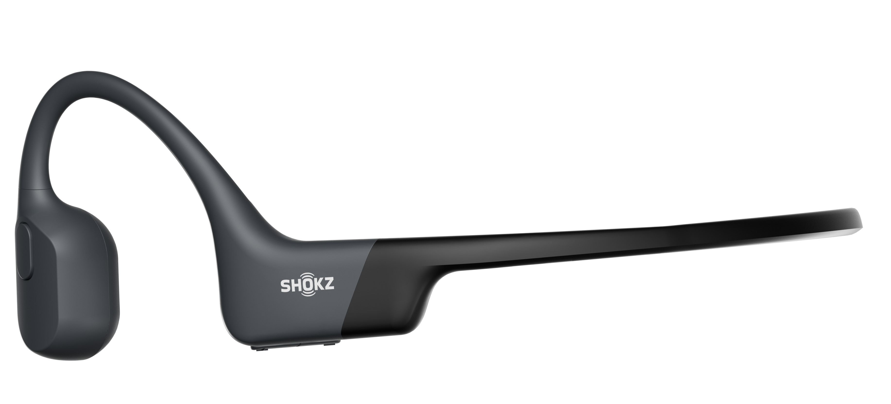 Czarne i szare słuchawki Shokz z przewodnictwem kostnym. Widoczna nazwa marki.