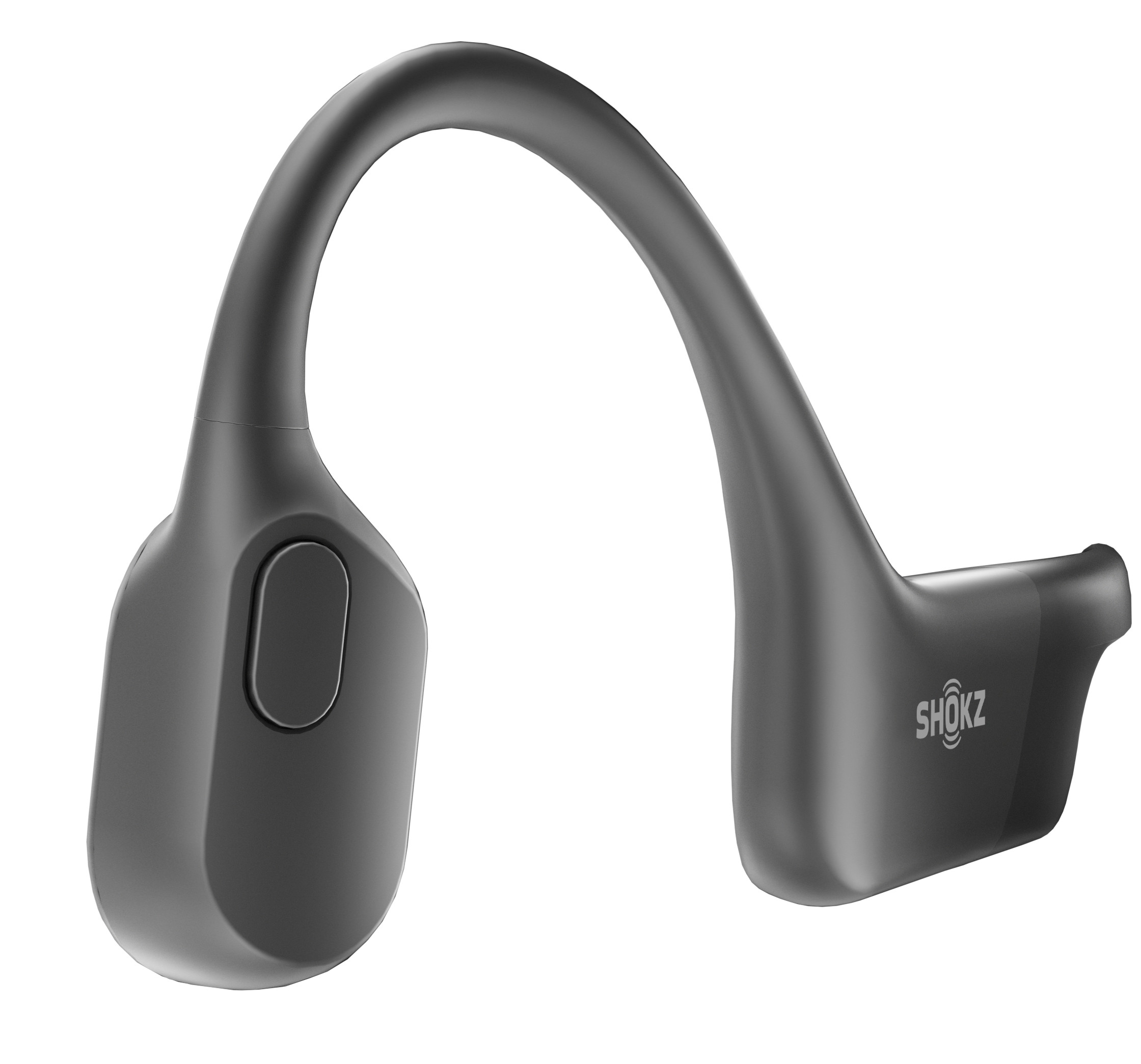 Szary, zakrzywiony zestaw słuchawkowy z przewodnictwem kostnym. Widoczne logo Shokz.