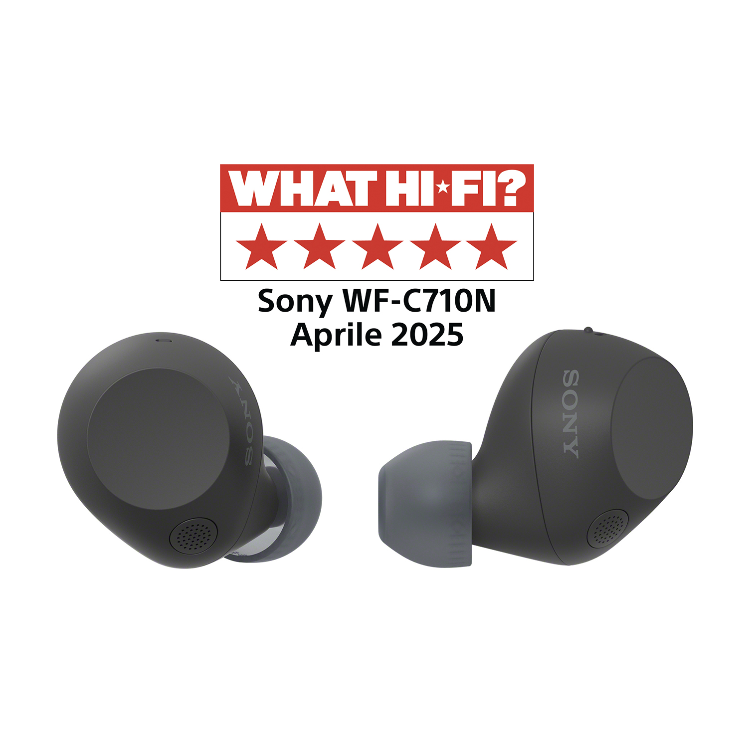 Due auricolari Sony WF-C710N neri sono esposti su sfondo bianco. Un logo rosso 'What Hi-Fi?' è sopra di loro.