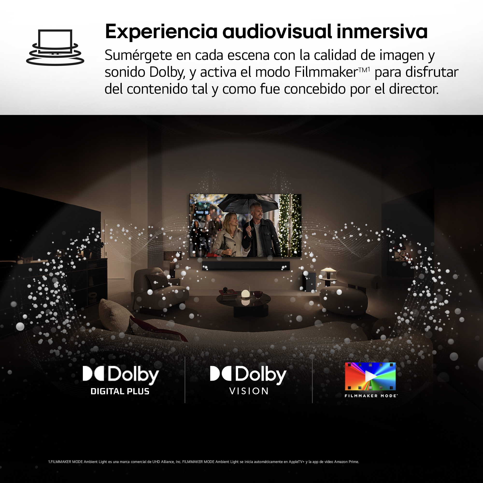 Salón con TV mostrando escena, texto sobre Dolby Vision y modo Filmmaker.
