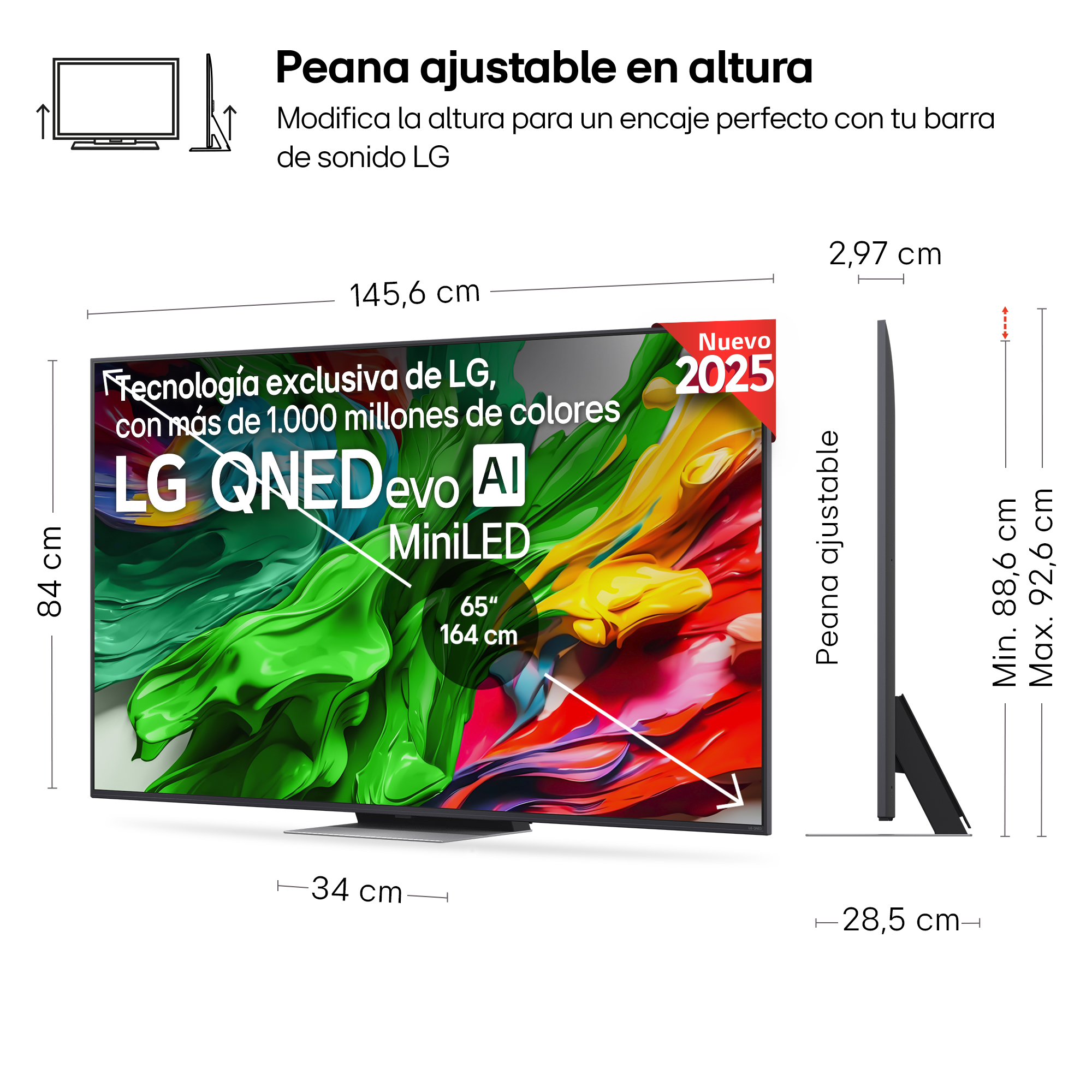 TV grande con soporte ajustable. Muestra imagen colorida, con dimensiones.