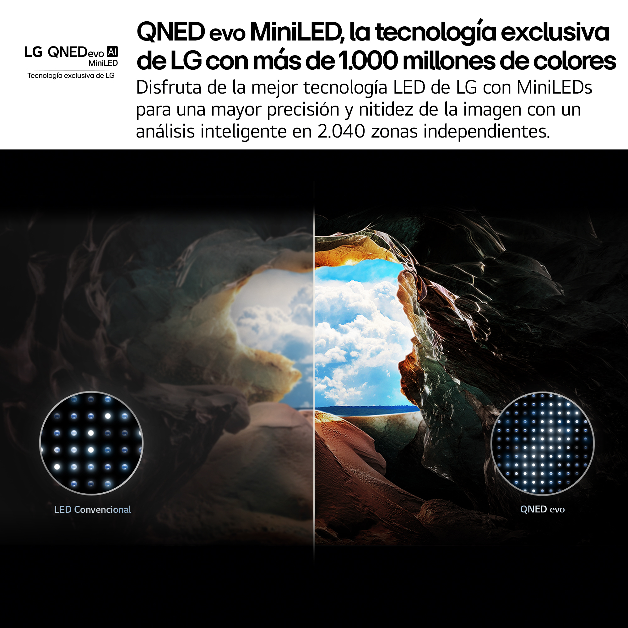 Dos imágenes de una cueva. La izquierda es LED, la derecha es QNED evo.