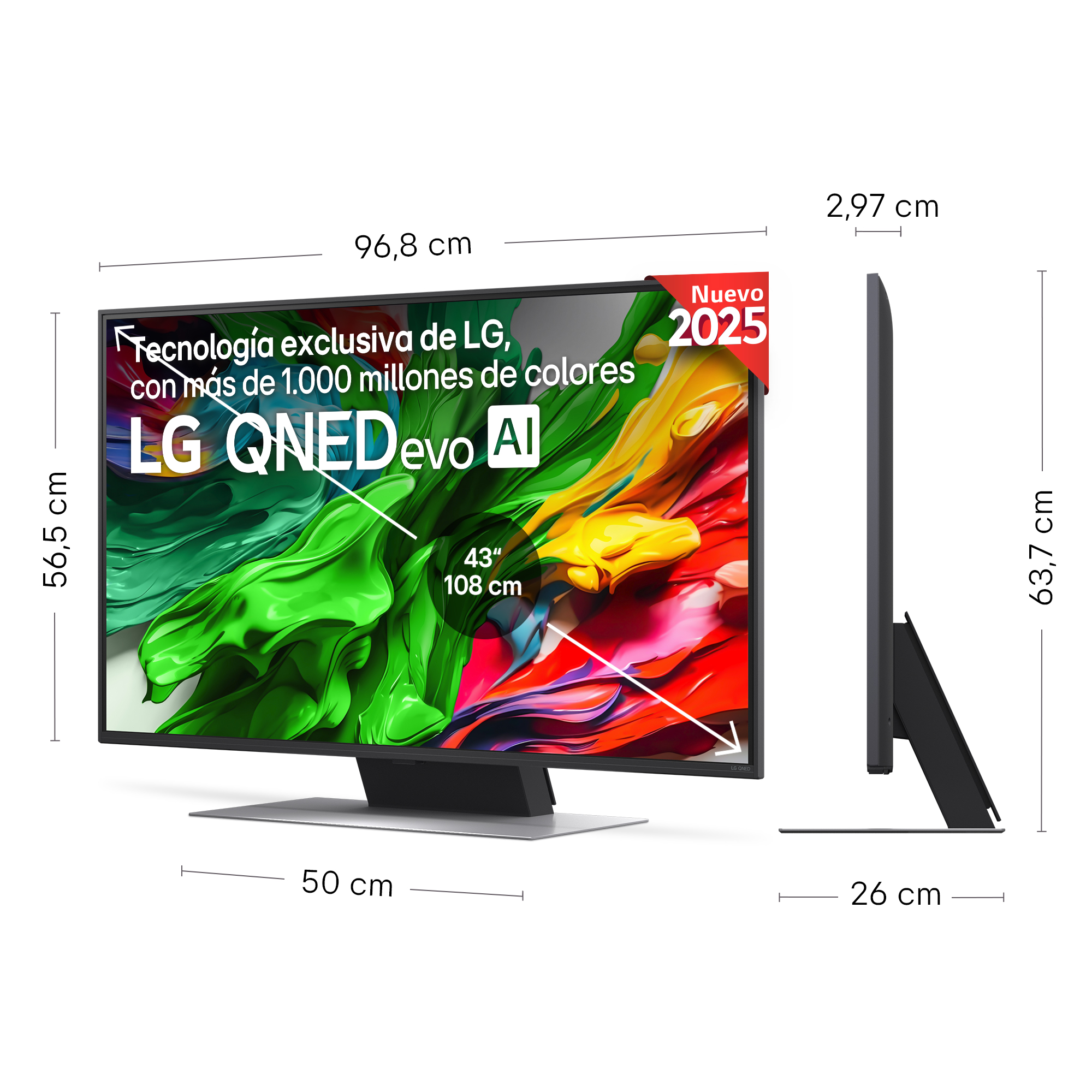 TV LG QNED evo AI, vista lateral, dimensiones, fondo blanco.