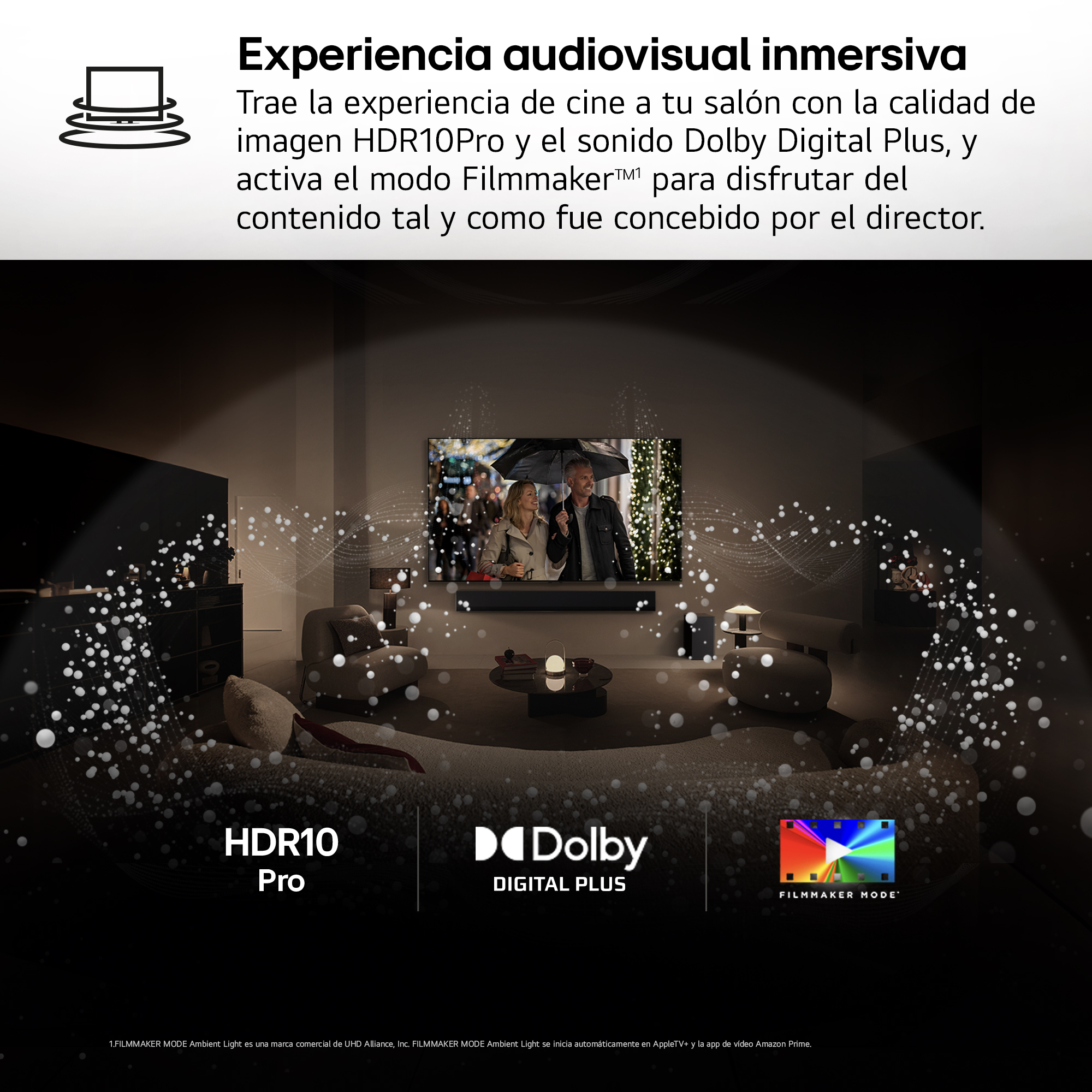 Escena de una sala de estar con un televisor. Texto y logotipos que promocionan las funciones del televisor.