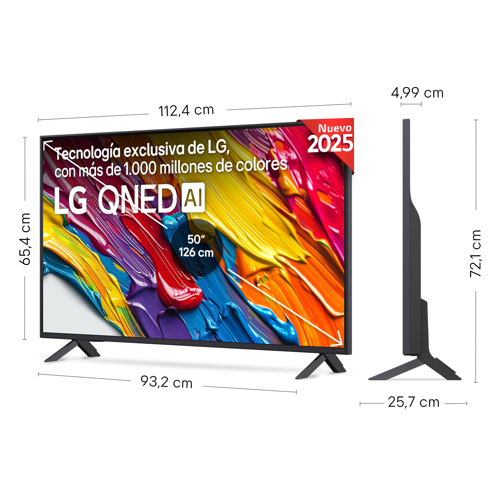 TV LG QNED AI, vista lateral y frontal, con dimensiones y descripción de características.