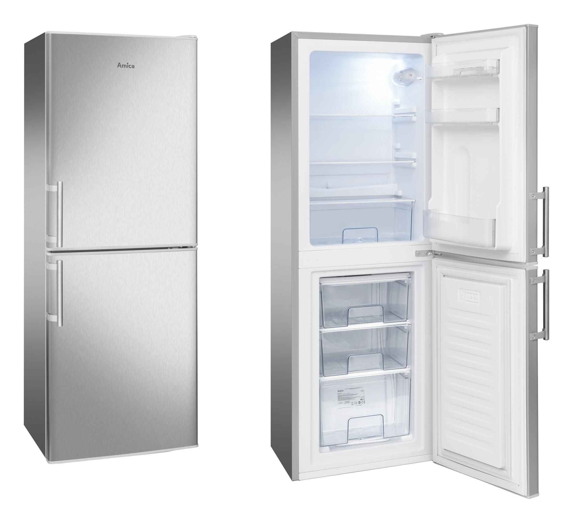 Silberner Amica Kühlschrank mit geöffneten Türen und Innenansicht.