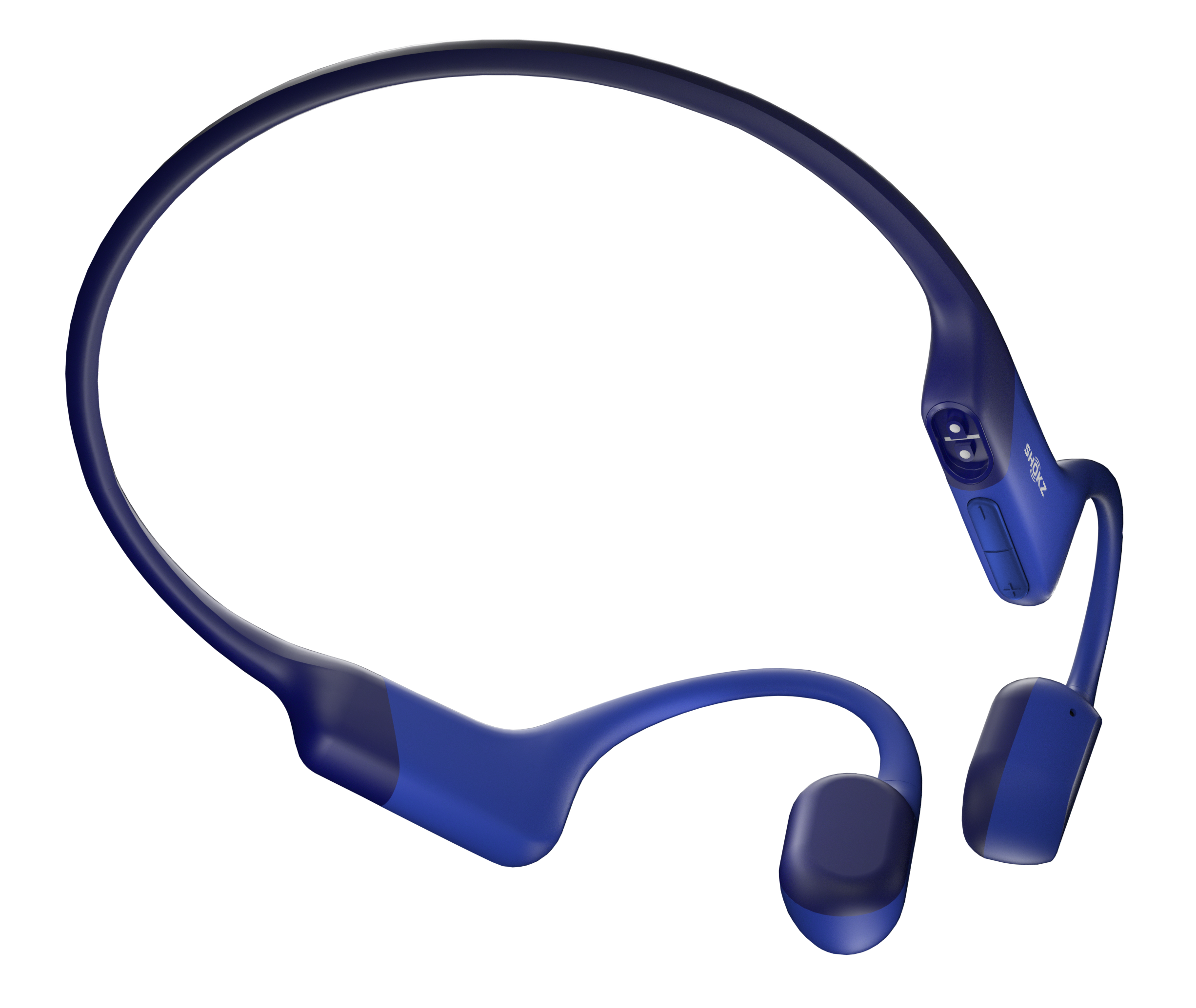 Niebieskie bezprzewodowe słuchawki kostne, z pałąkiem na szyję i widocznymi słuchawkami, na czarnym tle.