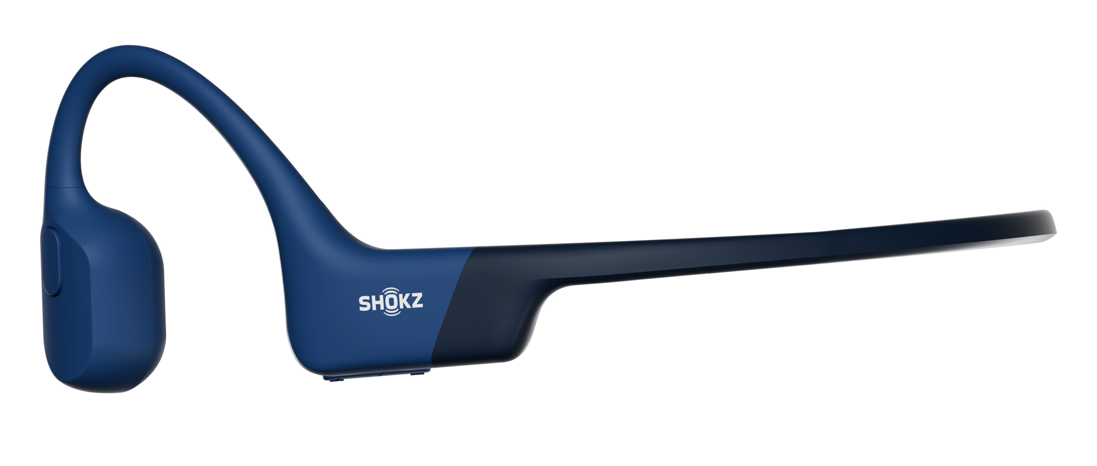 Niebieskie słuchawki Shokz, przewodnictwo kostne, z czarno-granatową kolorystyką.