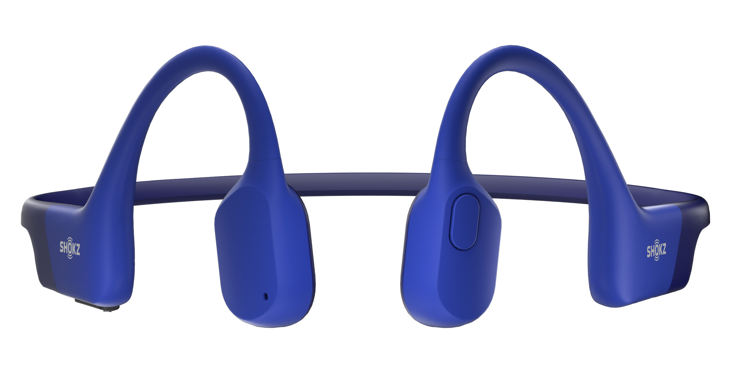 Niebieskie słuchawki Shokz z przewodnictwem kostnym w ujęciu studyjnym.