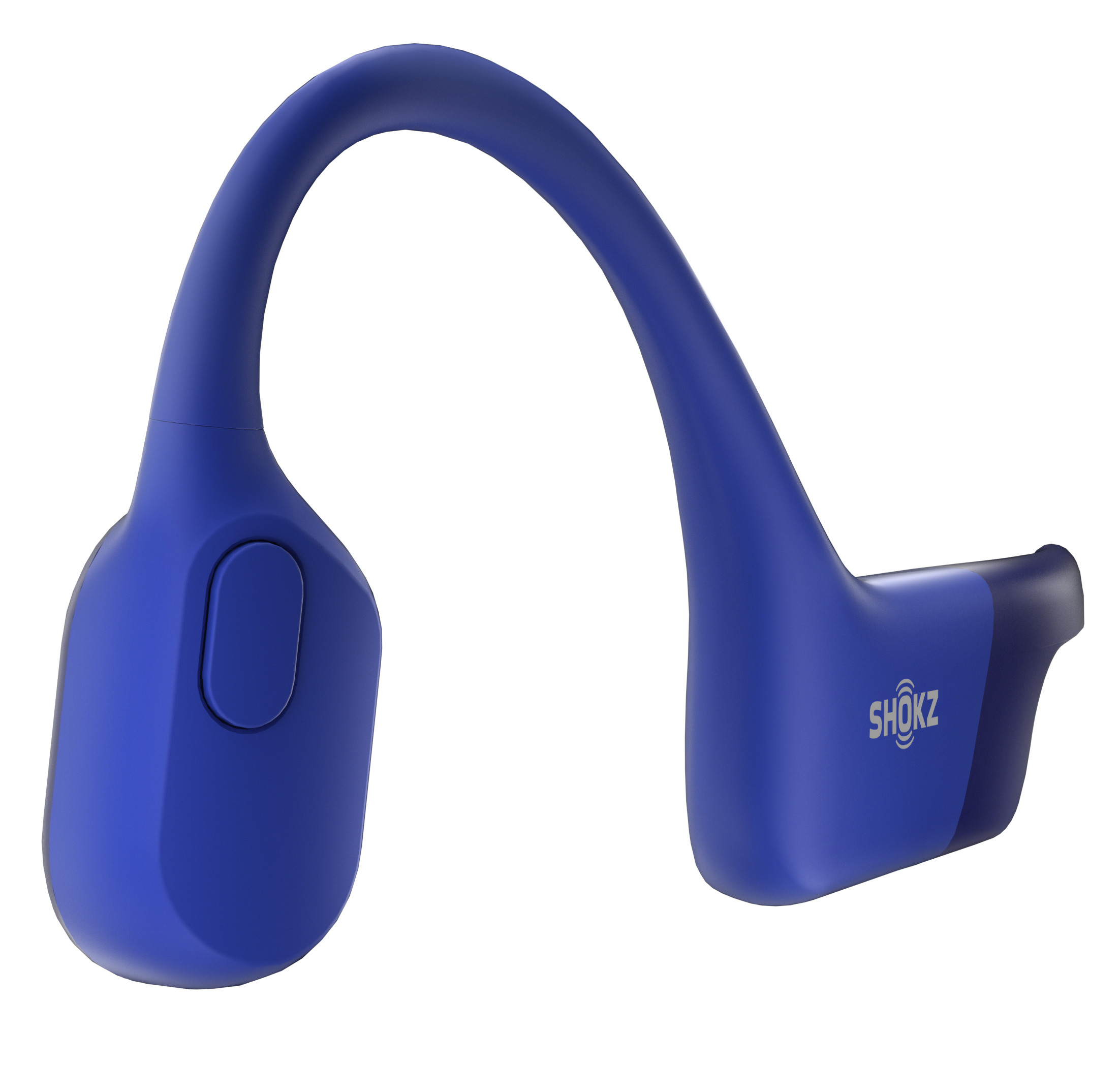 Niebieskie, zakrzywione słuchawki Shokz. Nazwa marki widoczna z boku. Przycisk znajduje się po lewej stronie.