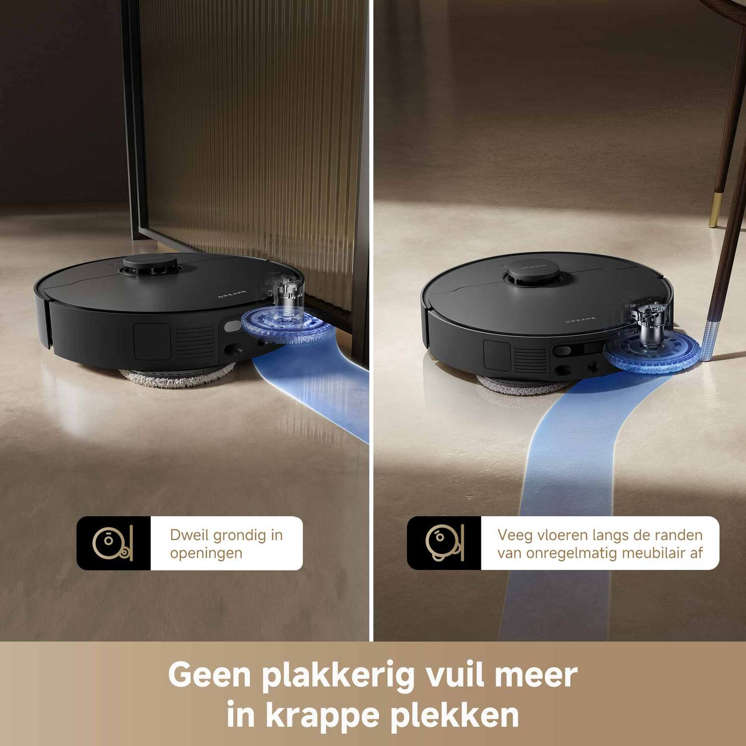 Zwarte robotstofzuiger die een vloer schoonmaakt. Twee weergaven. Tekst: geen plakkerig vuil meer in krappe plekken.