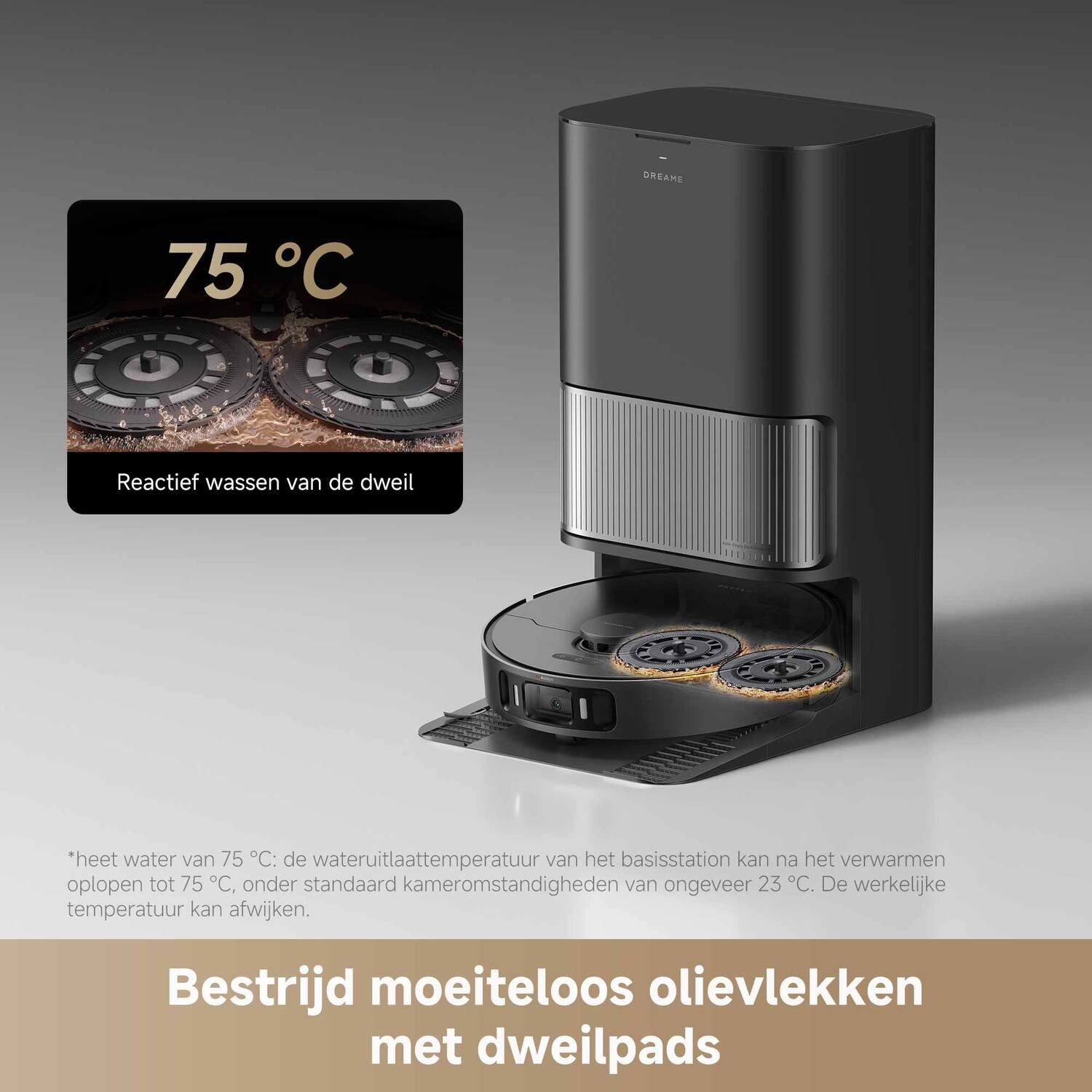Een zwarte robotstofzuiger met een zelfreinigende basis, die een reinigingsproces van 75°C laat zien.