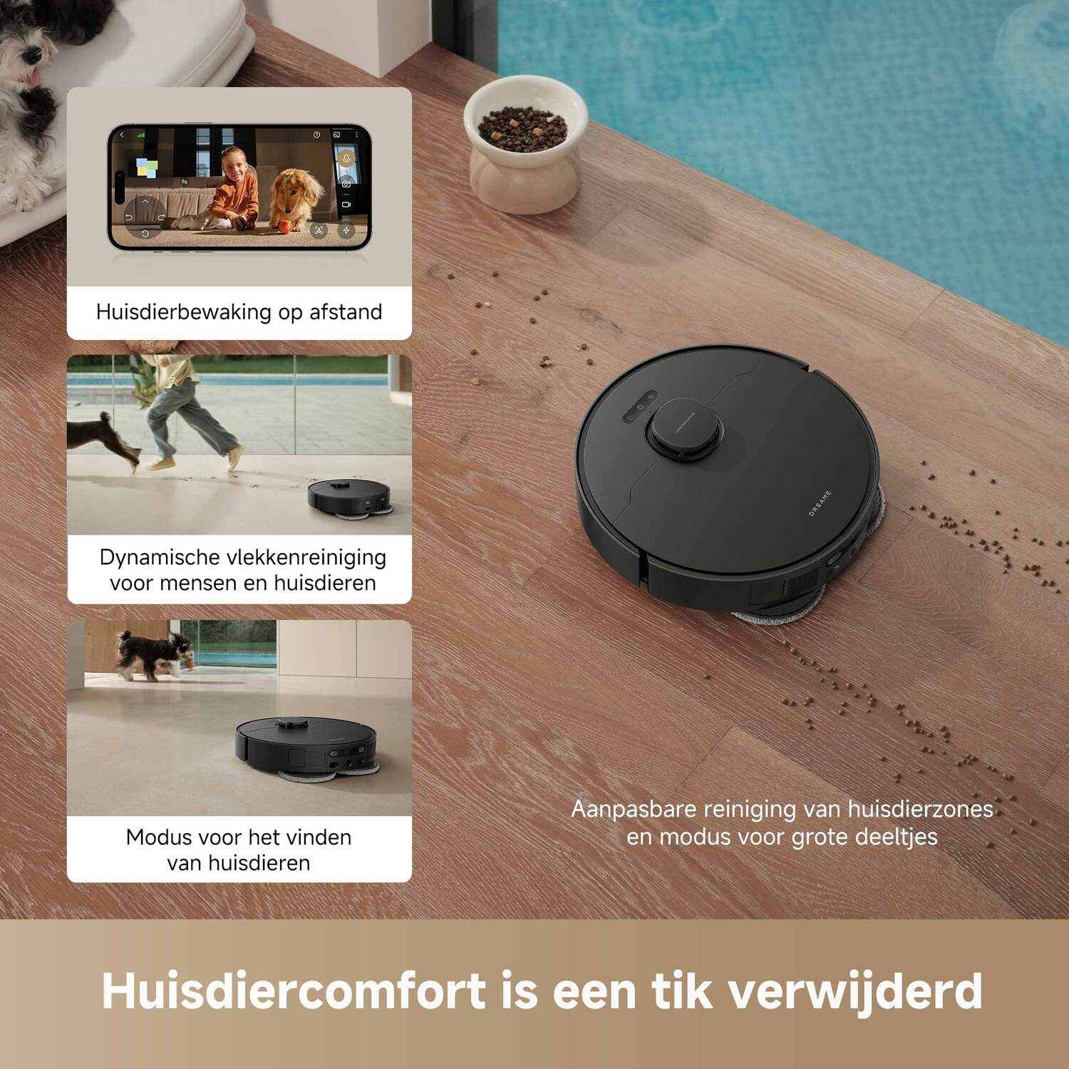 Een robotstofzuiger op een houten vloer, met afbeeldingen en tekst erover. Het is een Nederlandse advertentie.