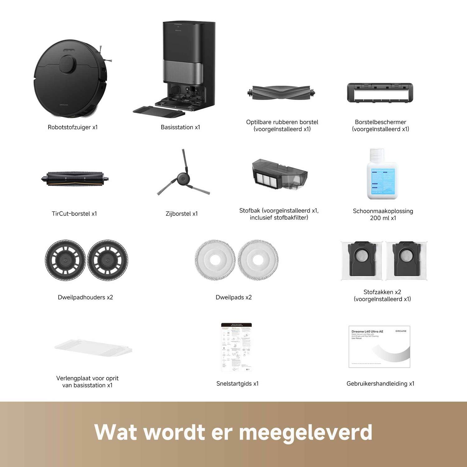 Diverse robotstofzuigeronderdelen, waaronder een basisstation en schoonmaakaccessoires.