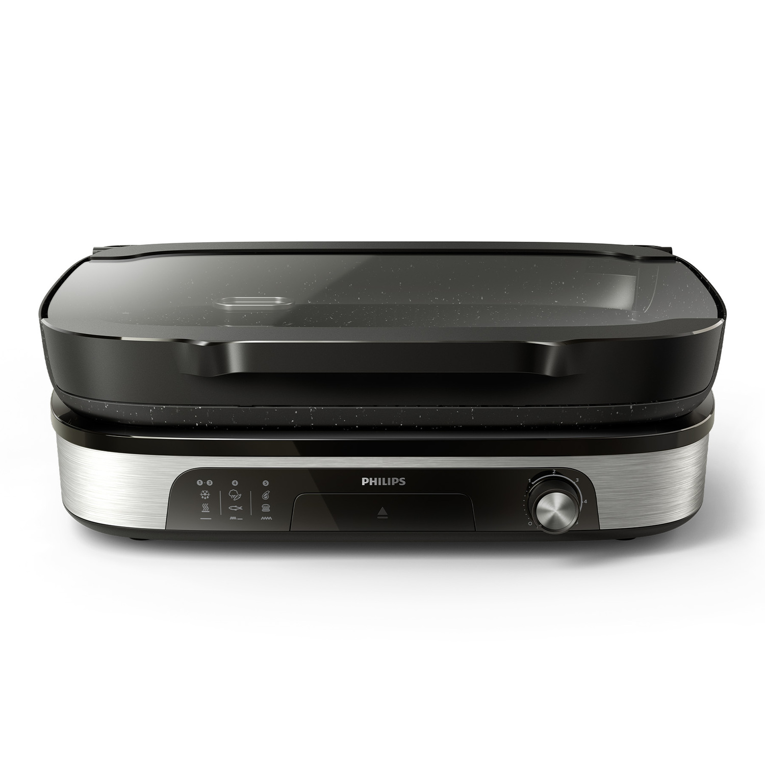 Un grill Philips noir avec un couvercle transparent et des touches d'argent. Il dispose d'un panneau de commande avec des icônes et un cadran.