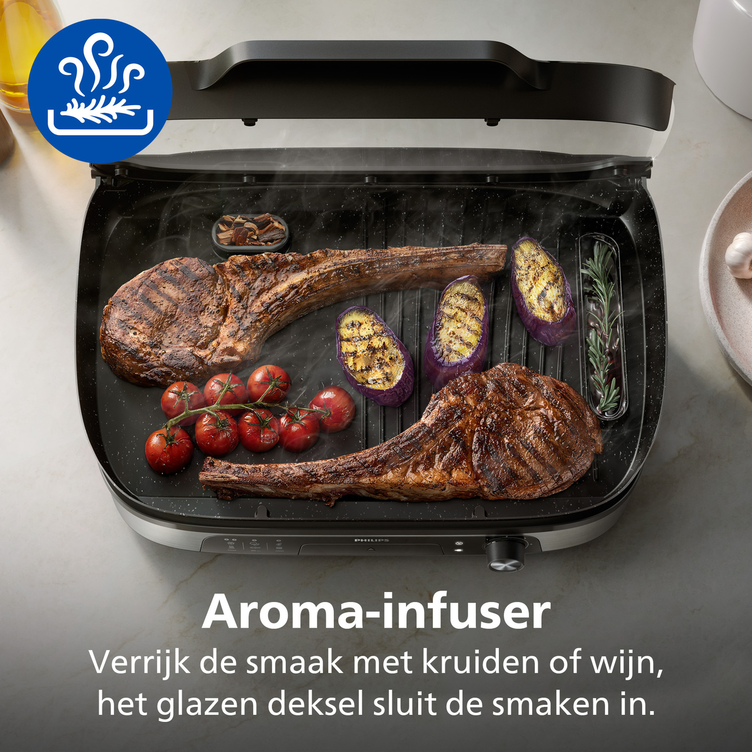 A grill with steaks, tomatoes, and eggplant. Steam rises. Text reads 'Aroma-infuser'. A blue circle shows steam and herbs.