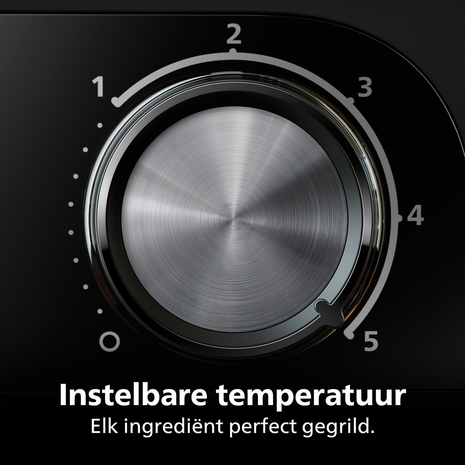 Close-up of a temperature control knob on a black appliance. Numbers 1-5 marked. Text: Instelbare temperatuur, perfect gegrild.
