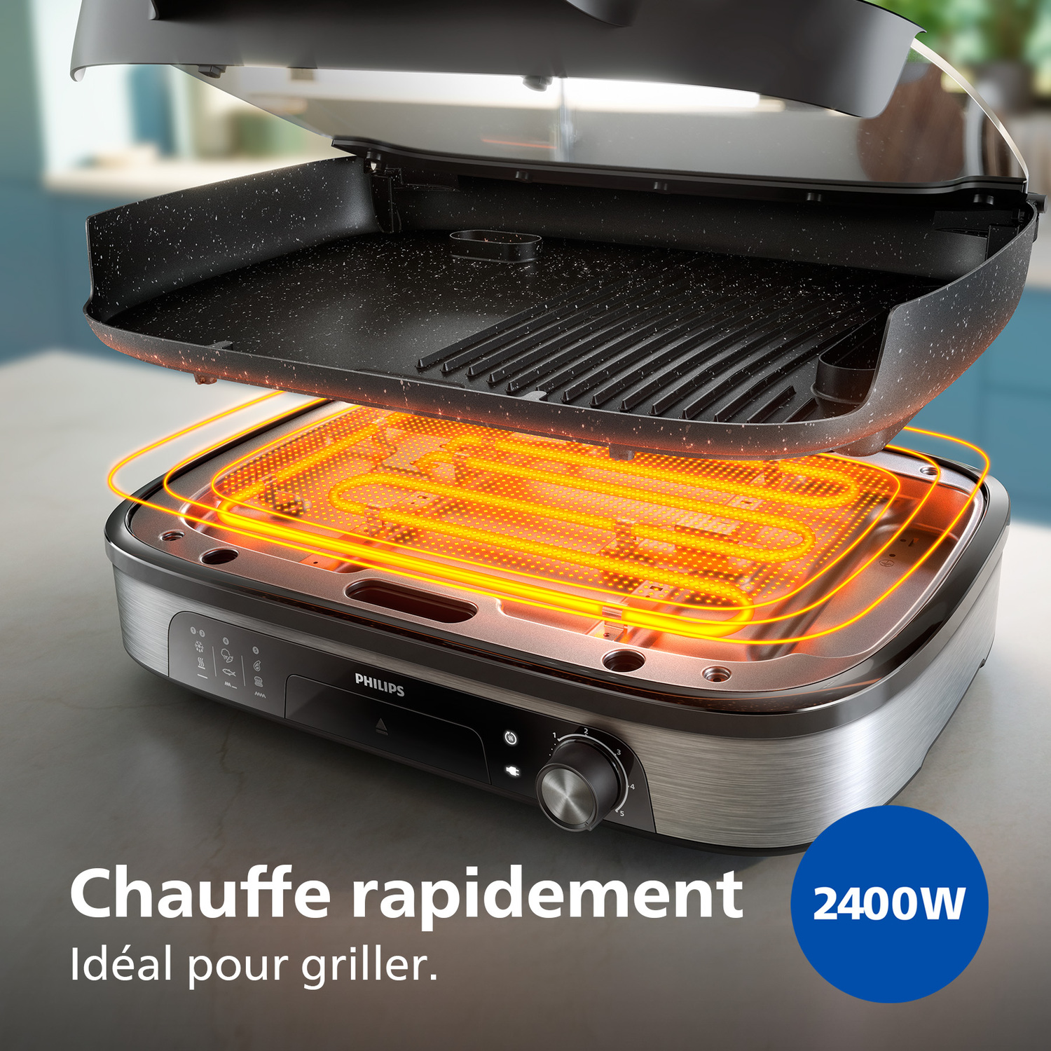 Gril électrique avec couvercle ouvert. L'élément chauffant est orange vif. Il a un panneau de contrôle et la marque est Philips.