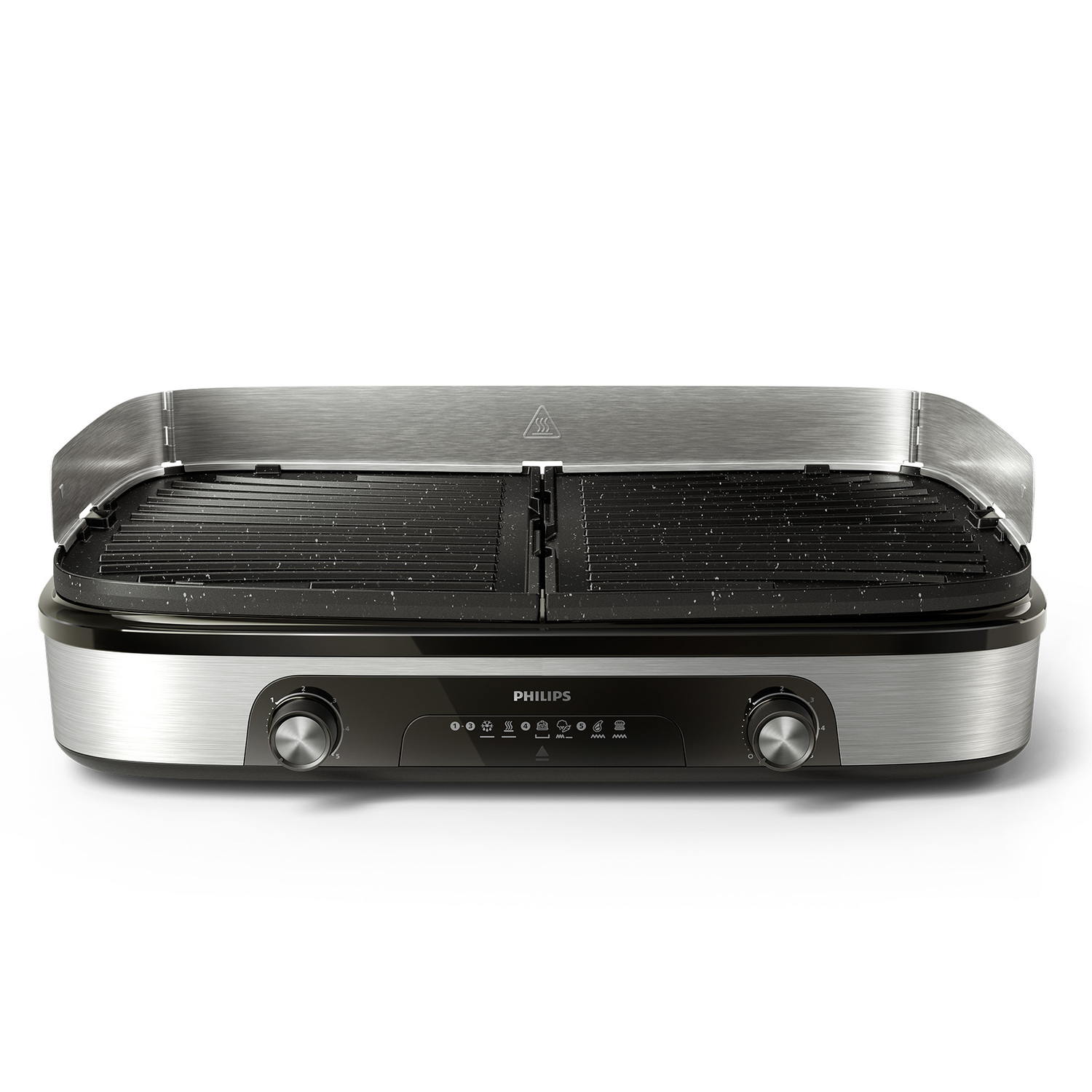 A Philips electric grill is shown. It has a black cooking surface, metallic finish, and control knobs. The brand name is visible.
