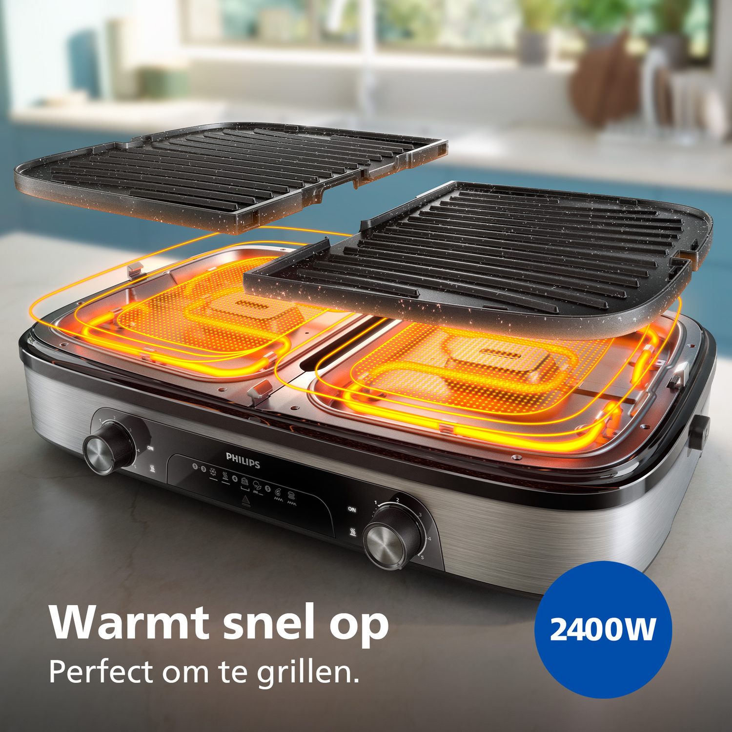 A Philips electric grill with two grates, heating elements glowing orange, and control knobs. Text reads 'Warmt snel op' and '2400W'.
