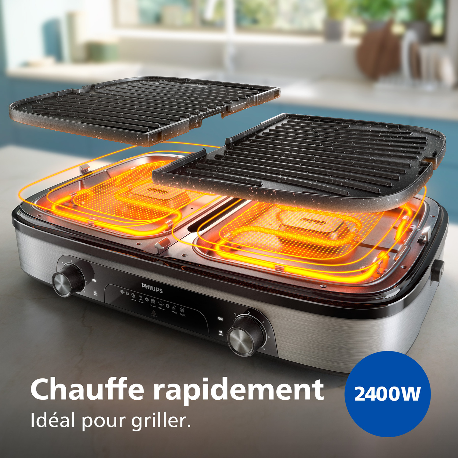 Gril électrique Philips avec grilles amovibles. Éléments chauffants orange visibles. Texte : 'Chauffe rapidement' et '2400W'.