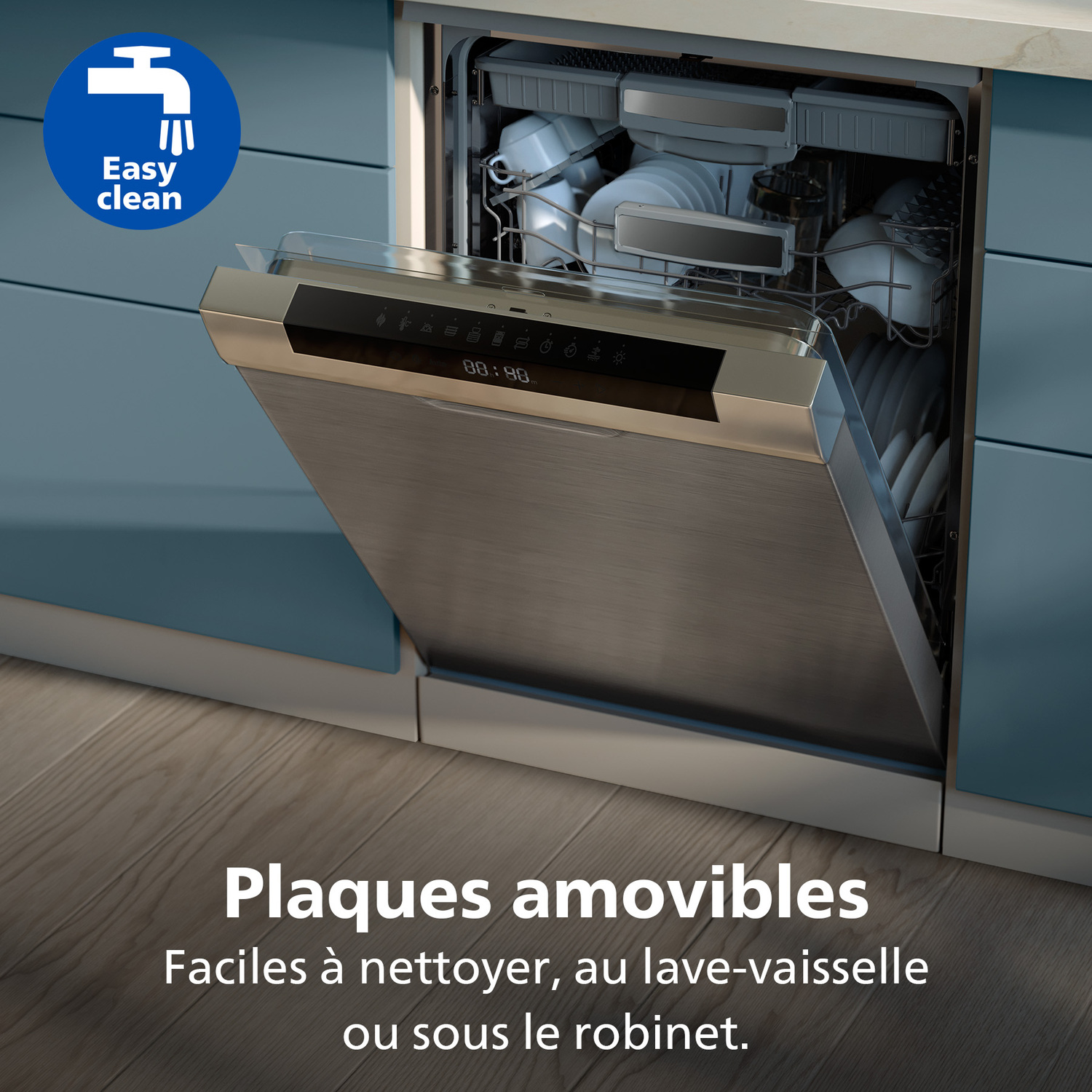 Lave-vaisselle ouvert avec de la vaisselle à l'intérieur. Porte en acier inoxydable. Cercle bleu avec icône de robinet. Texte: Easy clean.