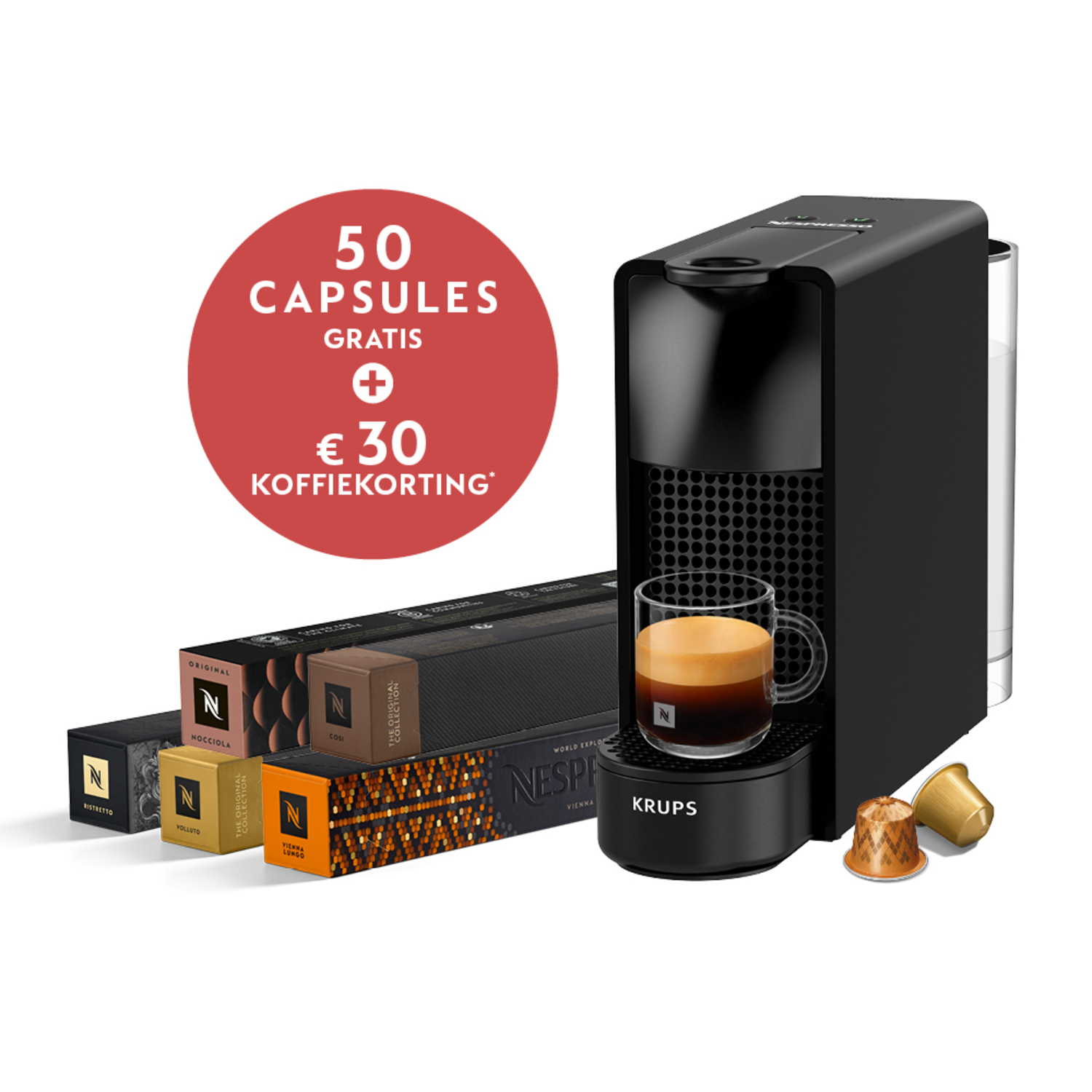 Coffee machine with coffee capsule boxes and a cup of coffee with foam.