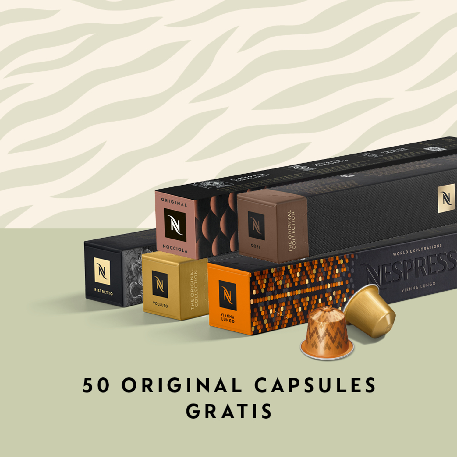 Coffee capsules in boxes. Text: 50 original capsules gratis.  Capsules.