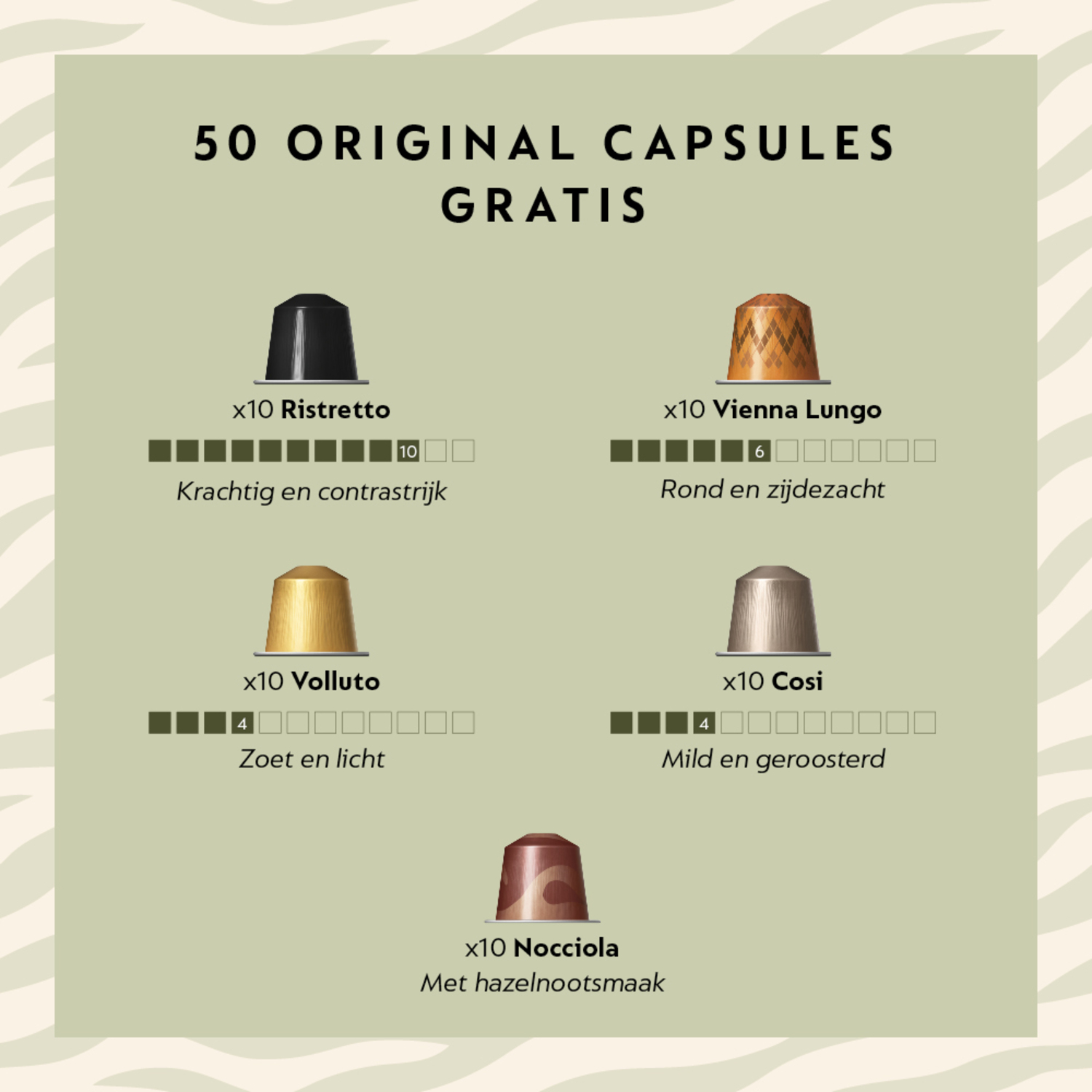 Coffee capsules: Ristretto, Vienna Lungo, Volluto, Cosi, Nocciola. Text: 50 Original capsules Gratis.