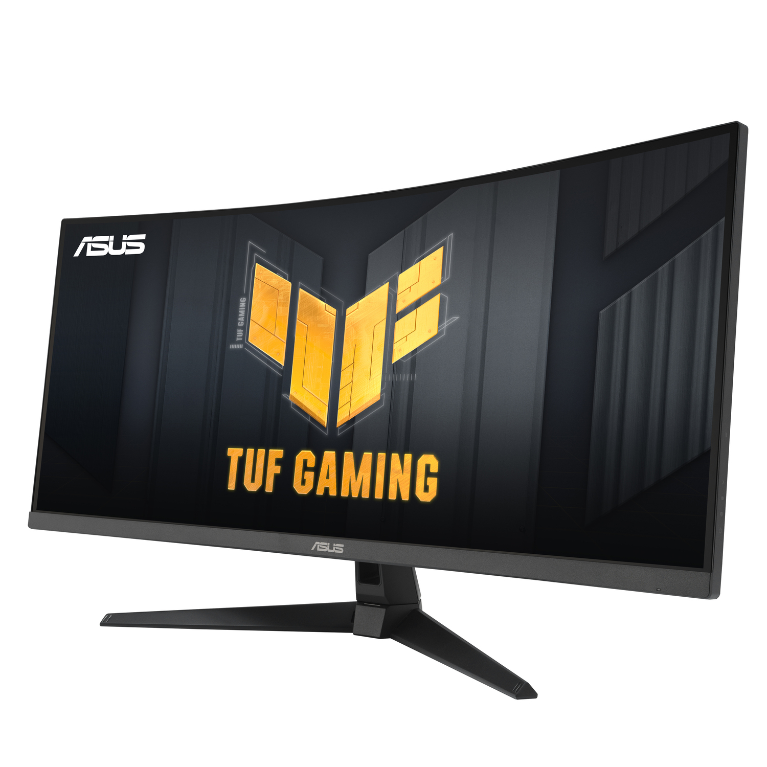 Curved ASUS TUF gaming monitor on white background. Black stand and frame. ASUS logo visible.