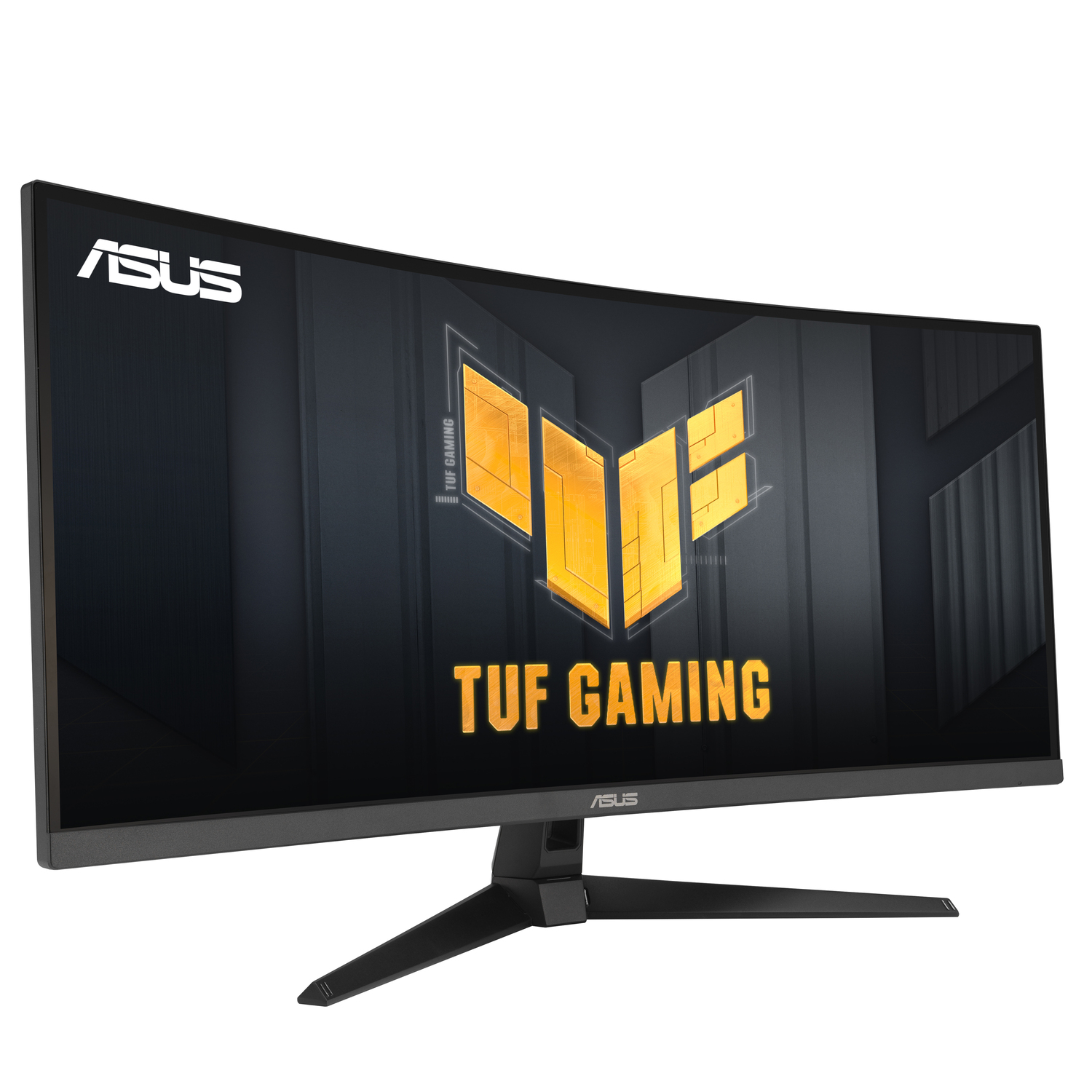 A curved ASUS TUF Gaming monitor with the TUF Gaming logo on the screen and ASUS logo at the bottom.