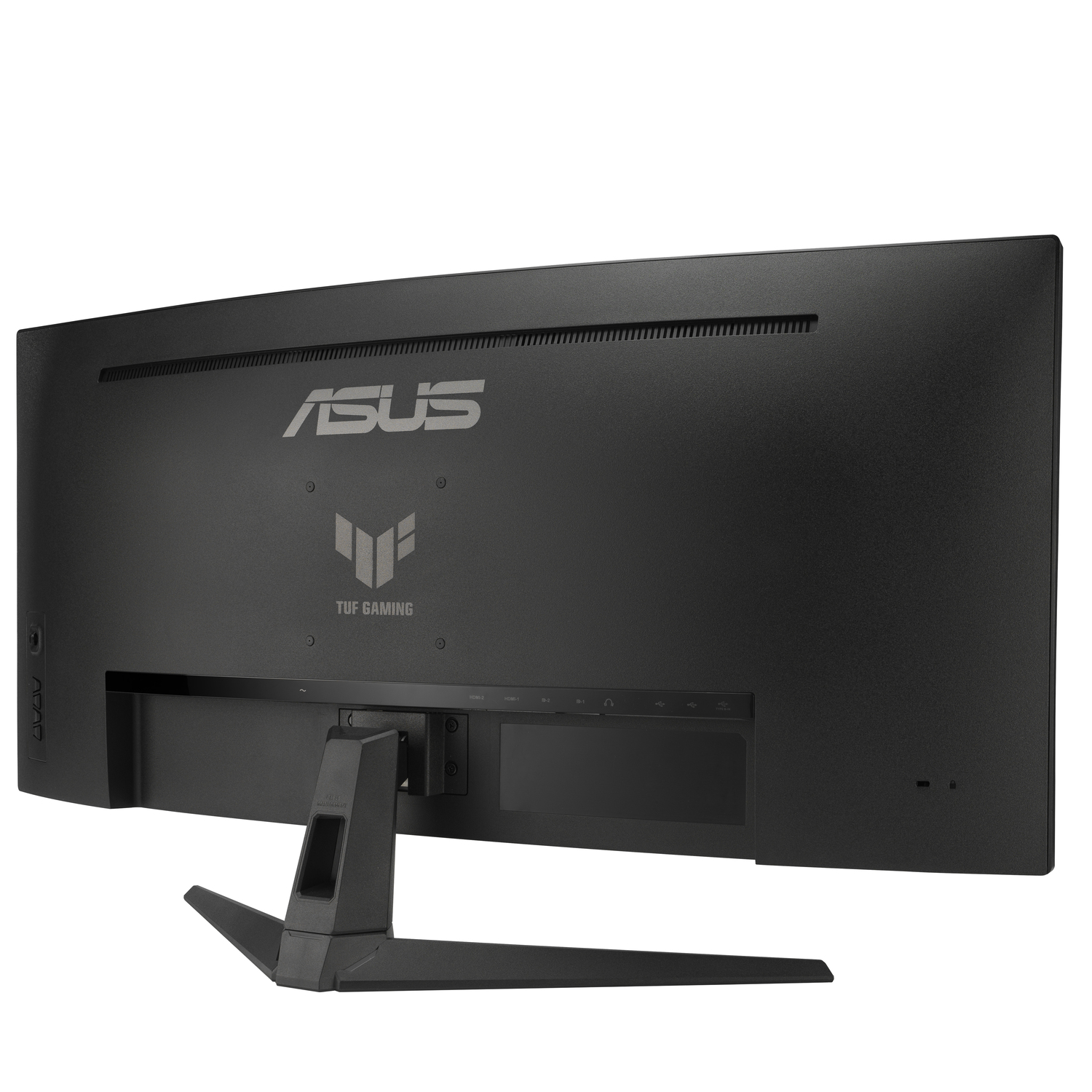 Back view of a black ASUS TUF gaming monitor with a stand and connection ports.