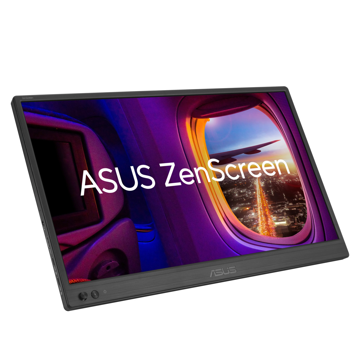 ASUS ZenScreen monitor, slightly angled, showing a window view with a plane.