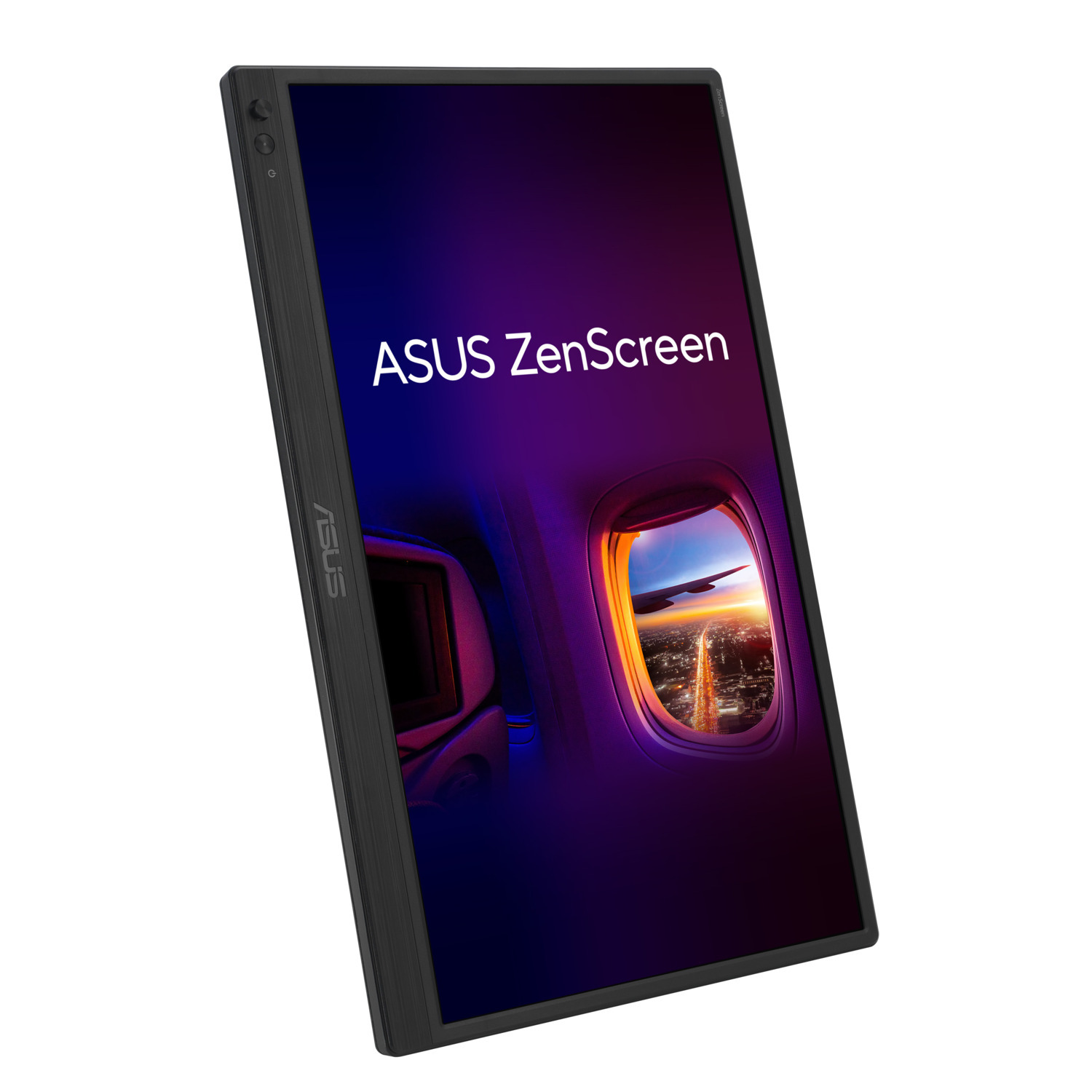 A black ASUS ZenScreen with a screen showing an airplane window with a purple sky.