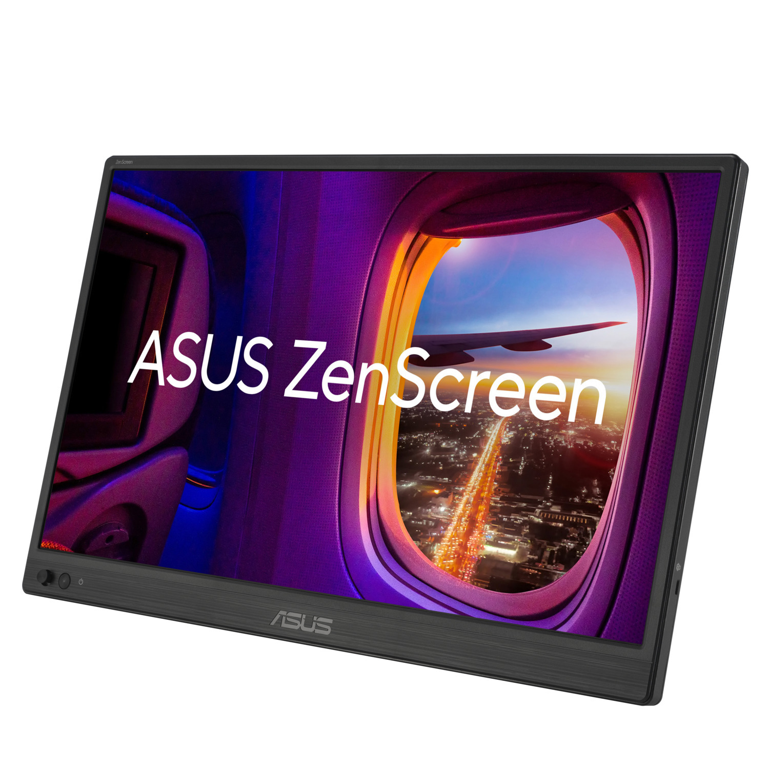 An ASUS ZenScreen monitor displays a window view with an airplane wing.